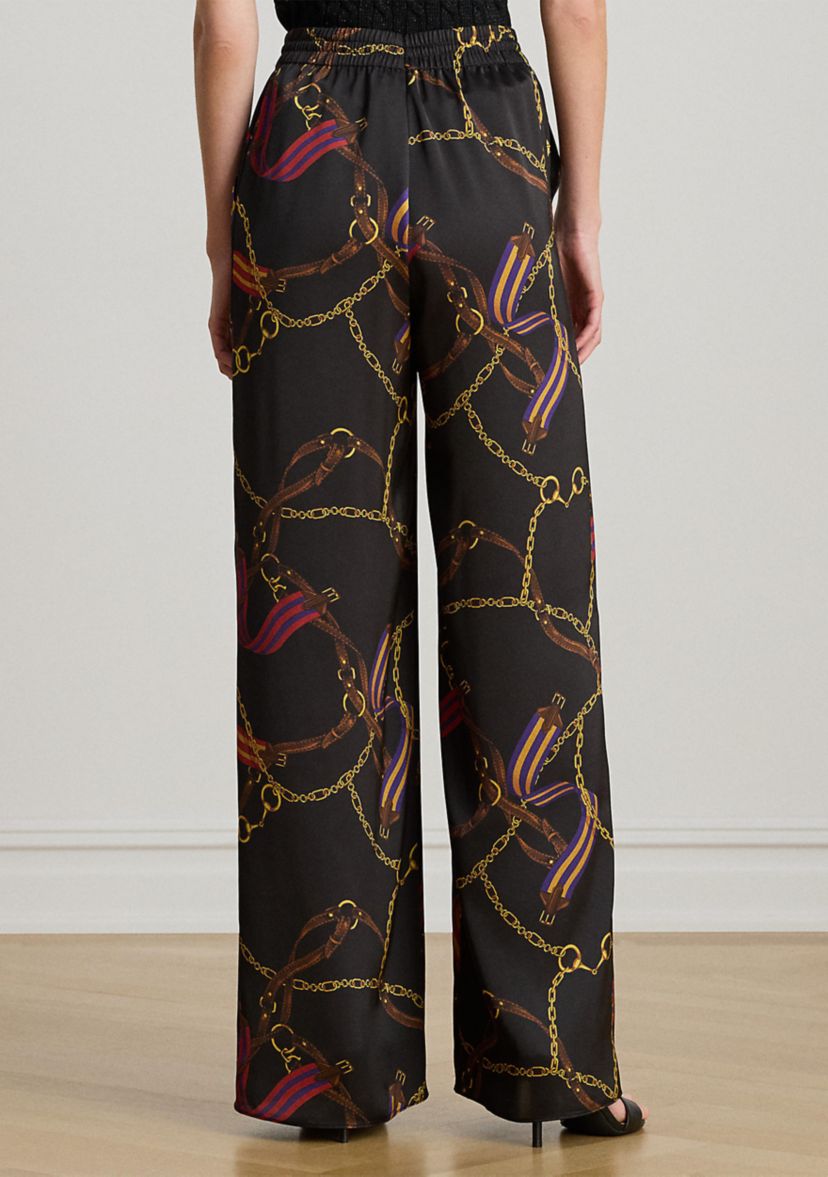 Womens Belting-Print Charmeuse Wide-Leg Pants