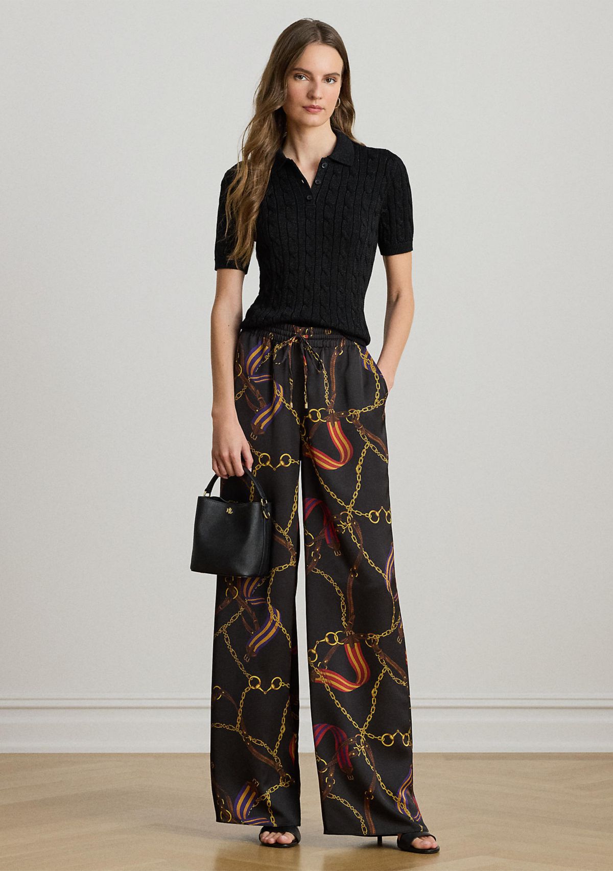Womens Belting-Print Charmeuse Wide-Leg Pants