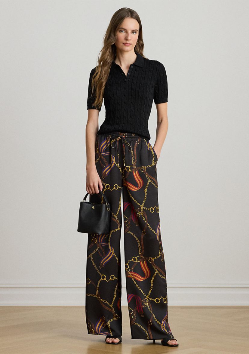 Womens Belting-Print Charmeuse Wide-Leg Pants