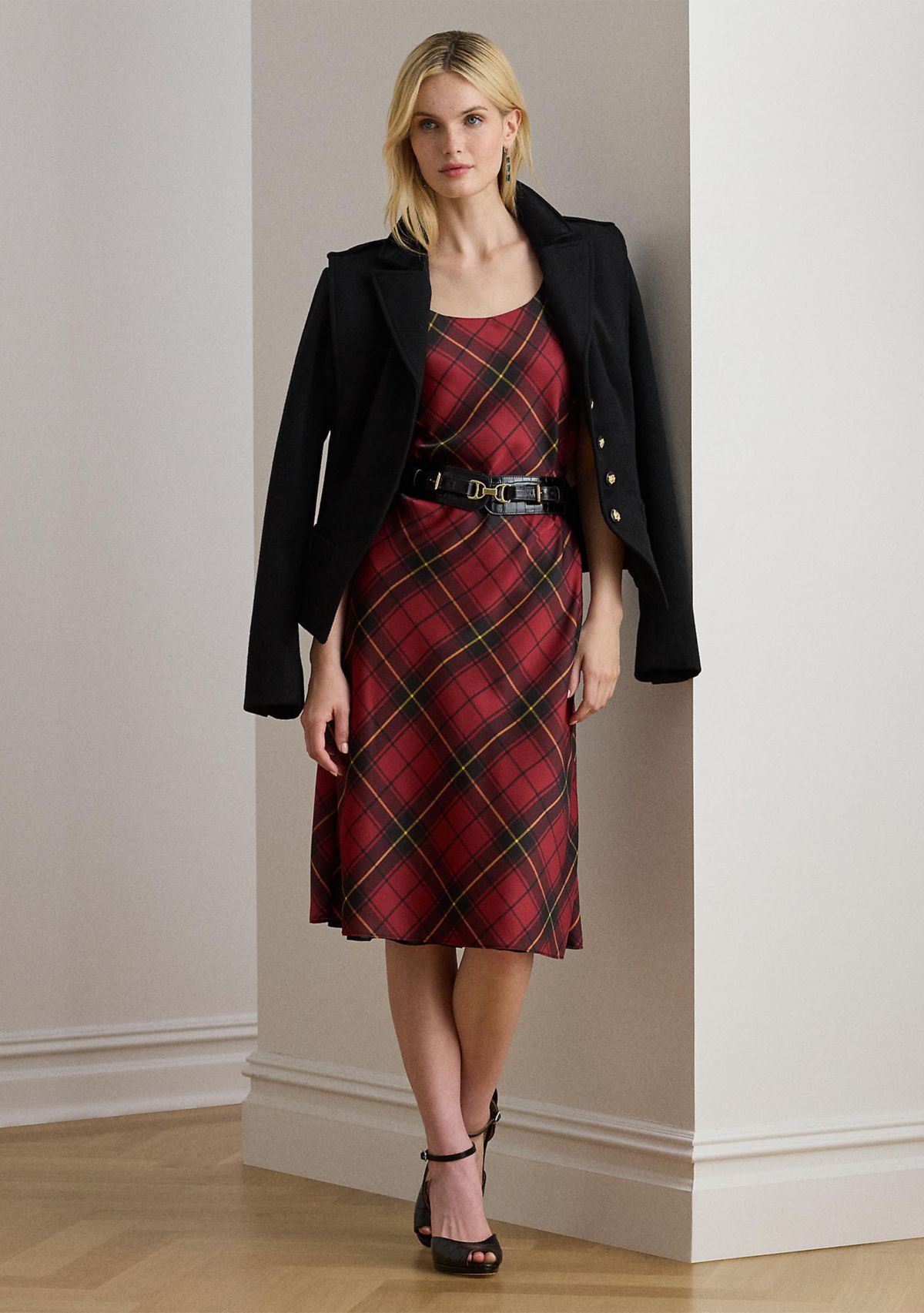 Womens Plaid Satin Sleeveless Cocktail Dress