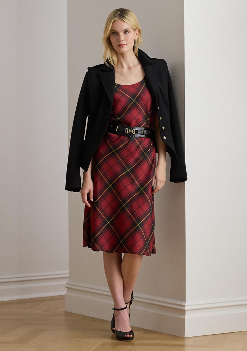 Womens Plaid Satin Sleeveless Cocktail Dress