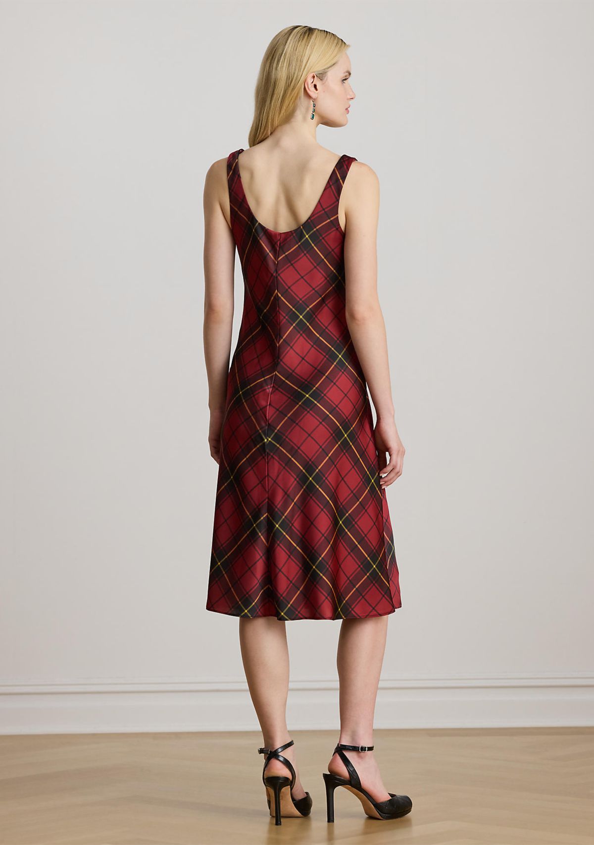 Womens Plaid Satin Sleeveless Cocktail Dress