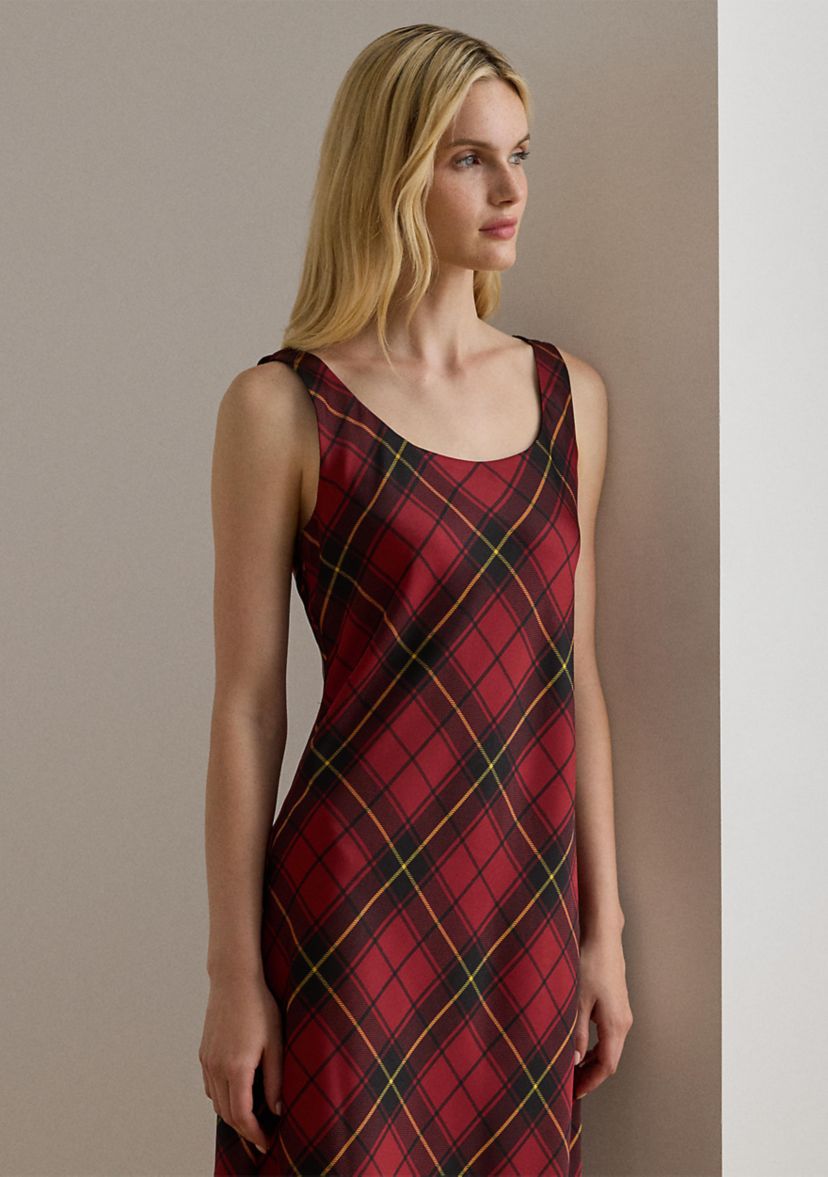 Womens Plaid Satin Sleeveless Cocktail Dress