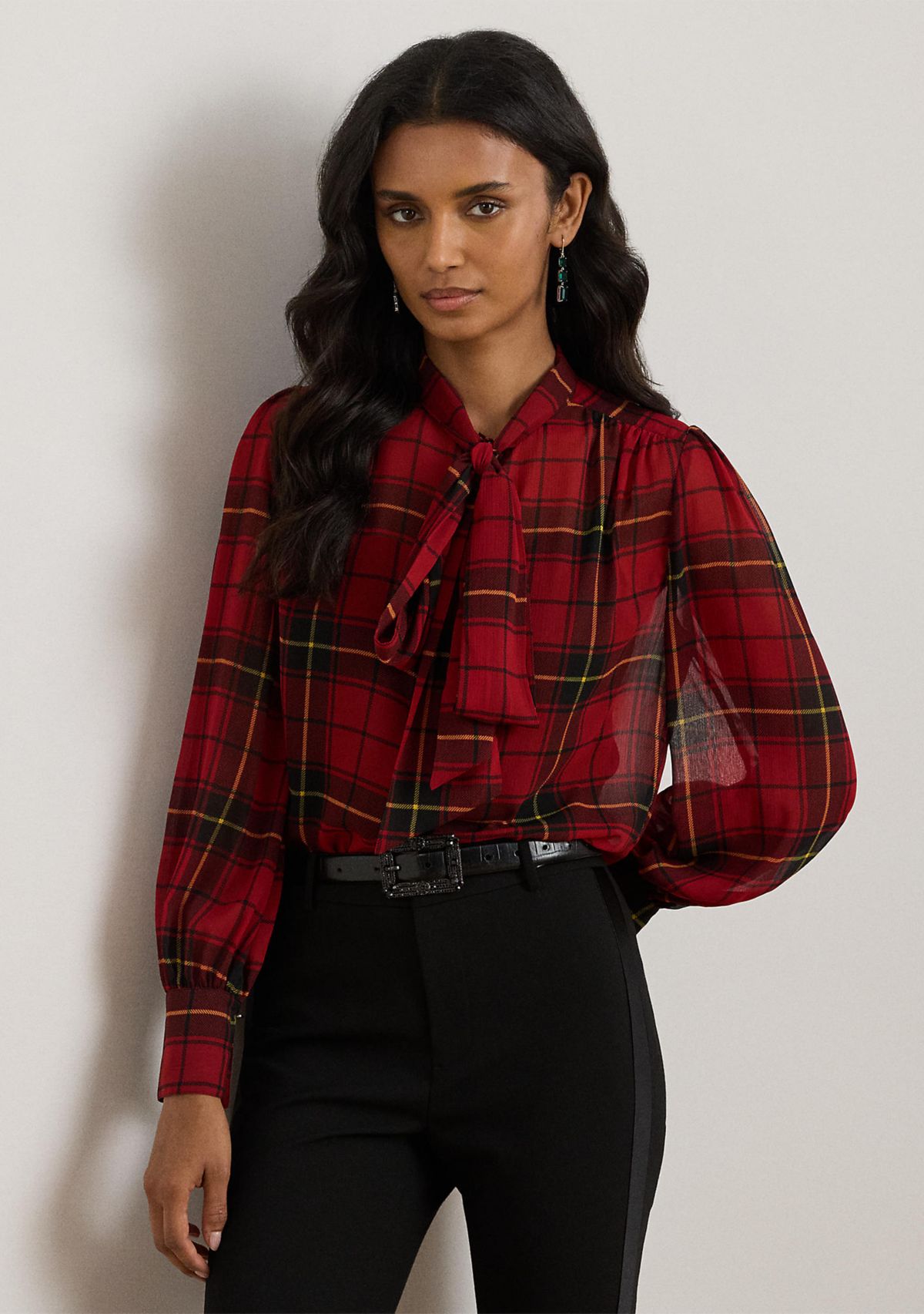 Womens Checked Plaid Georgette Tie-Neck Blouse