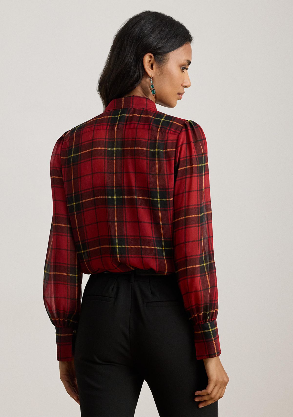 Womens Checked Plaid Georgette Tie-Neck Blouse