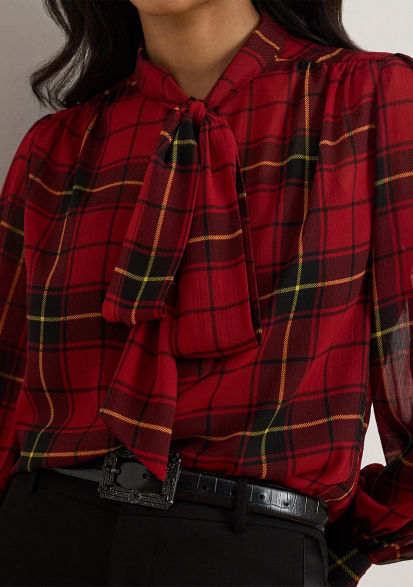 Womens Checked Plaid Georgette Tie-Neck Blouse