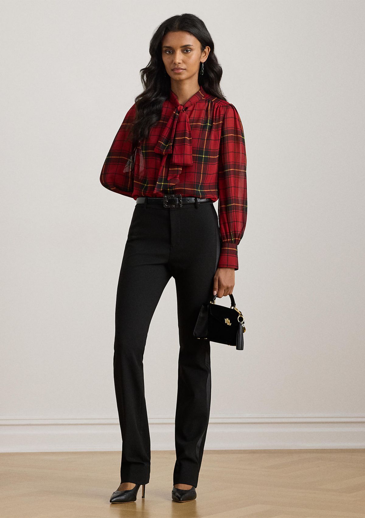 Womens Checked Plaid Georgette Tie-Neck Blouse