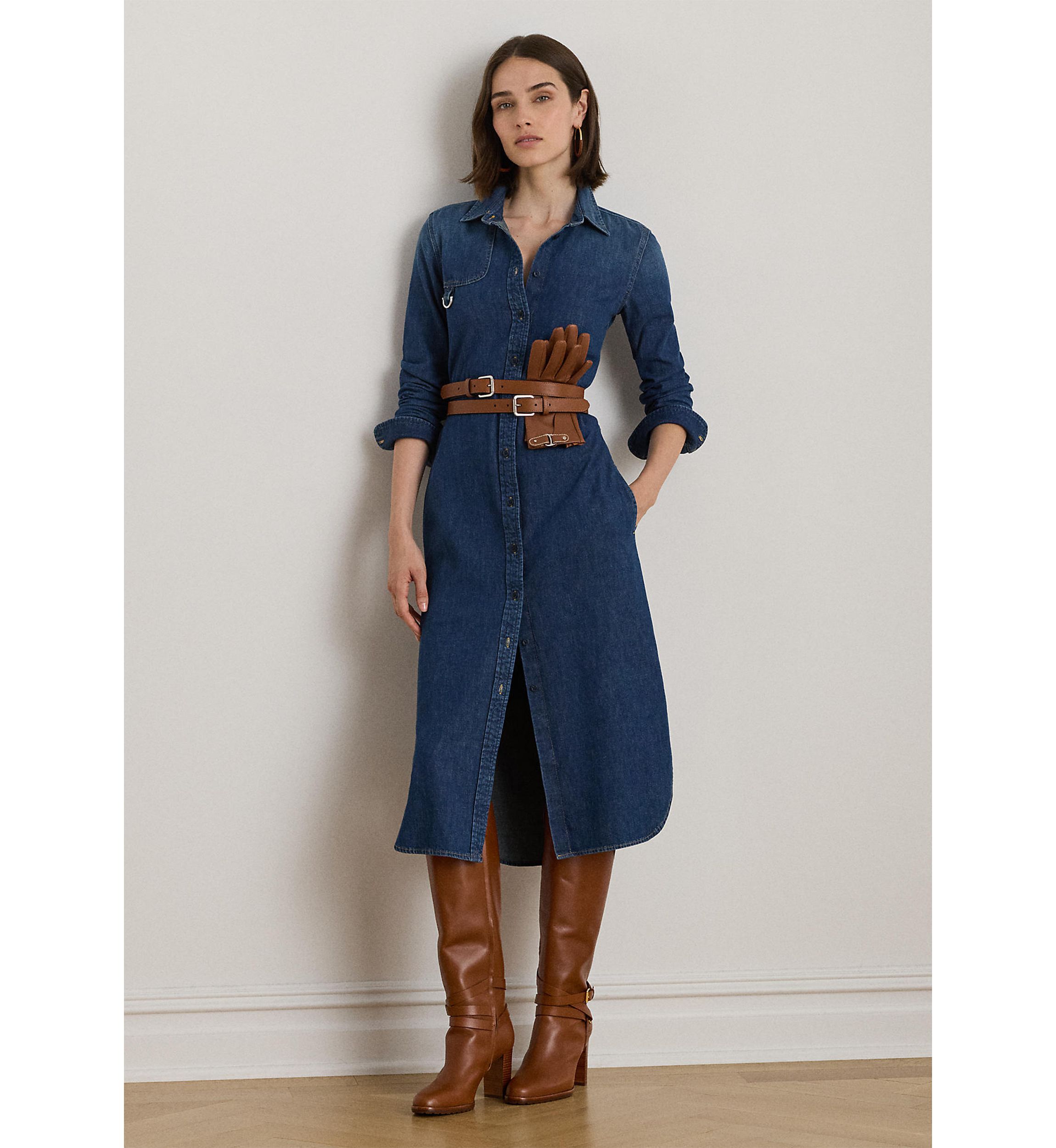 Horse Bit-Trim Belted Denim Shirtdress