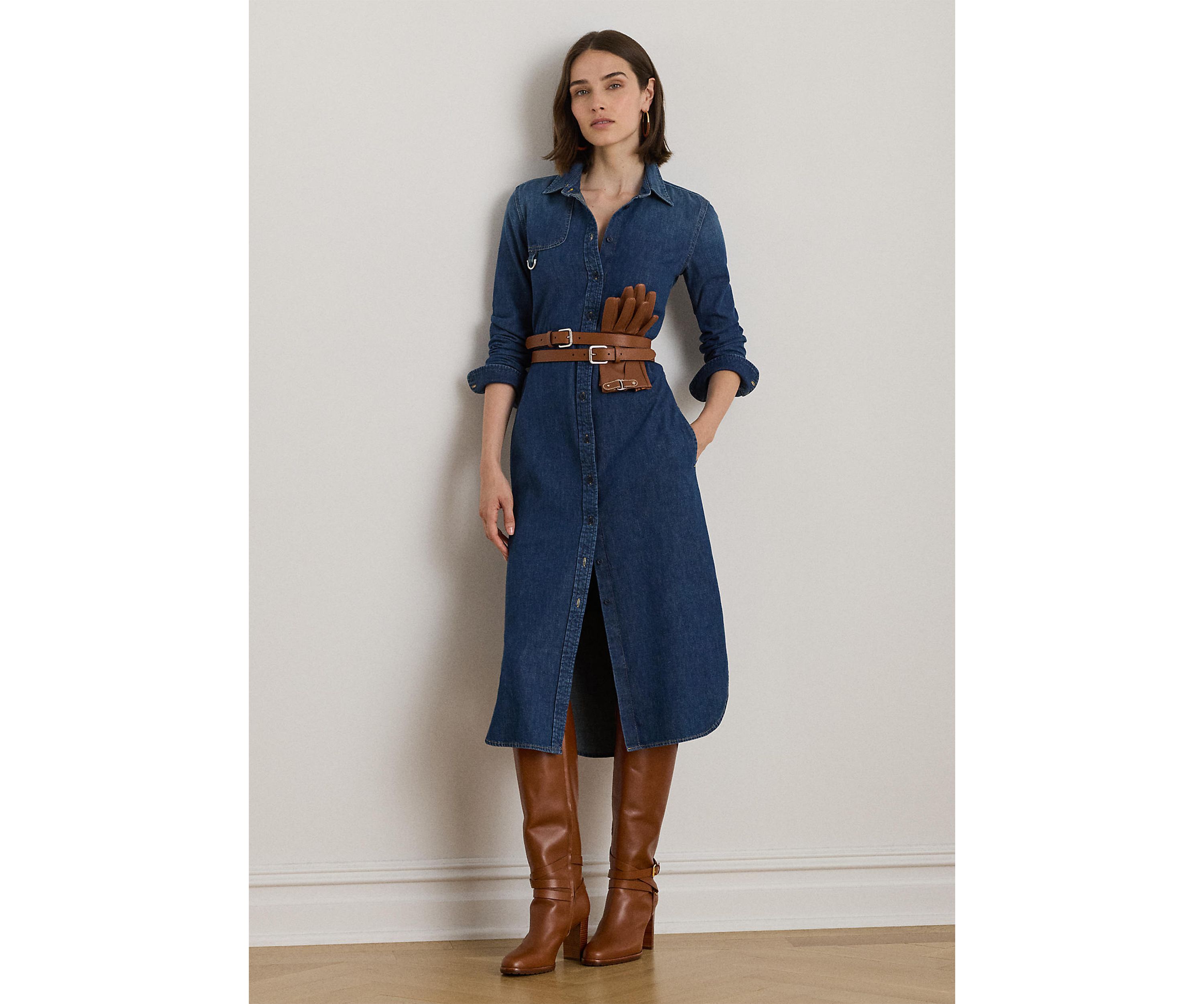 Horse Bit-Trim Belted Denim Shirtdress