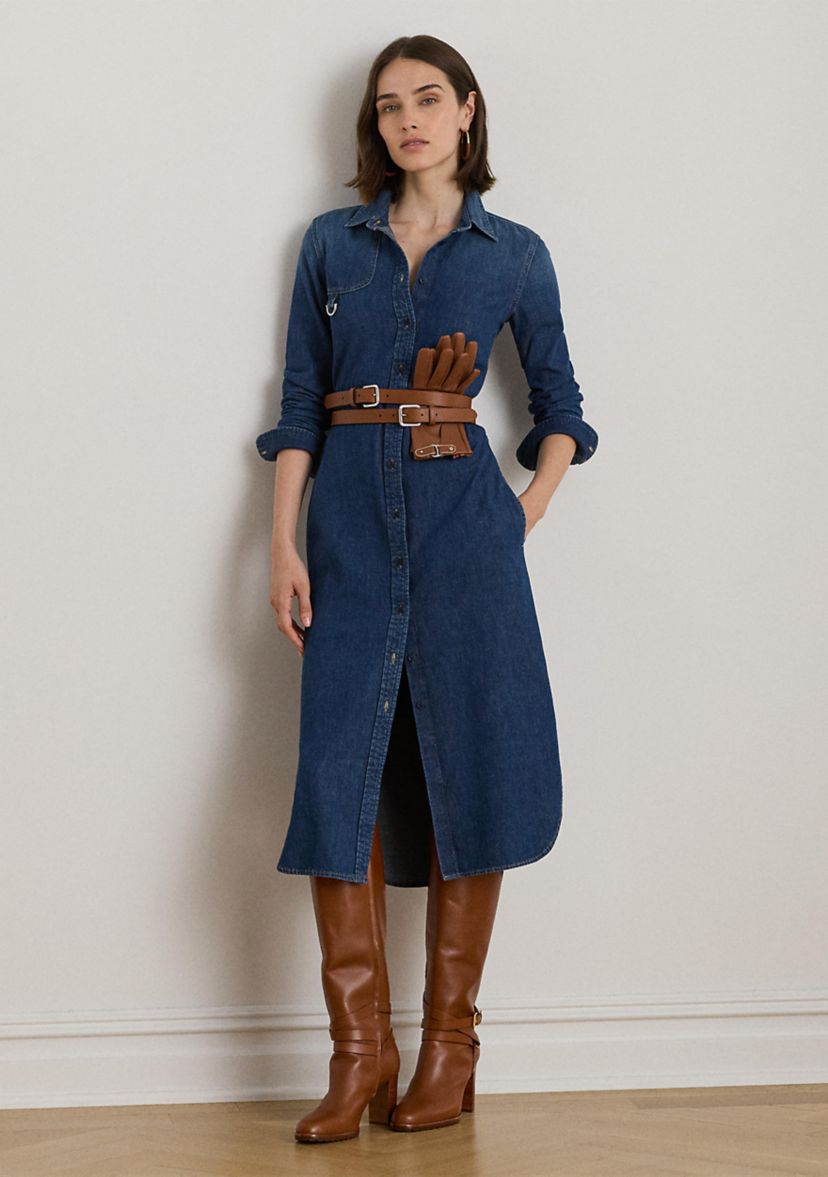 Horse Bit-Trim Belted Denim Shirtdress