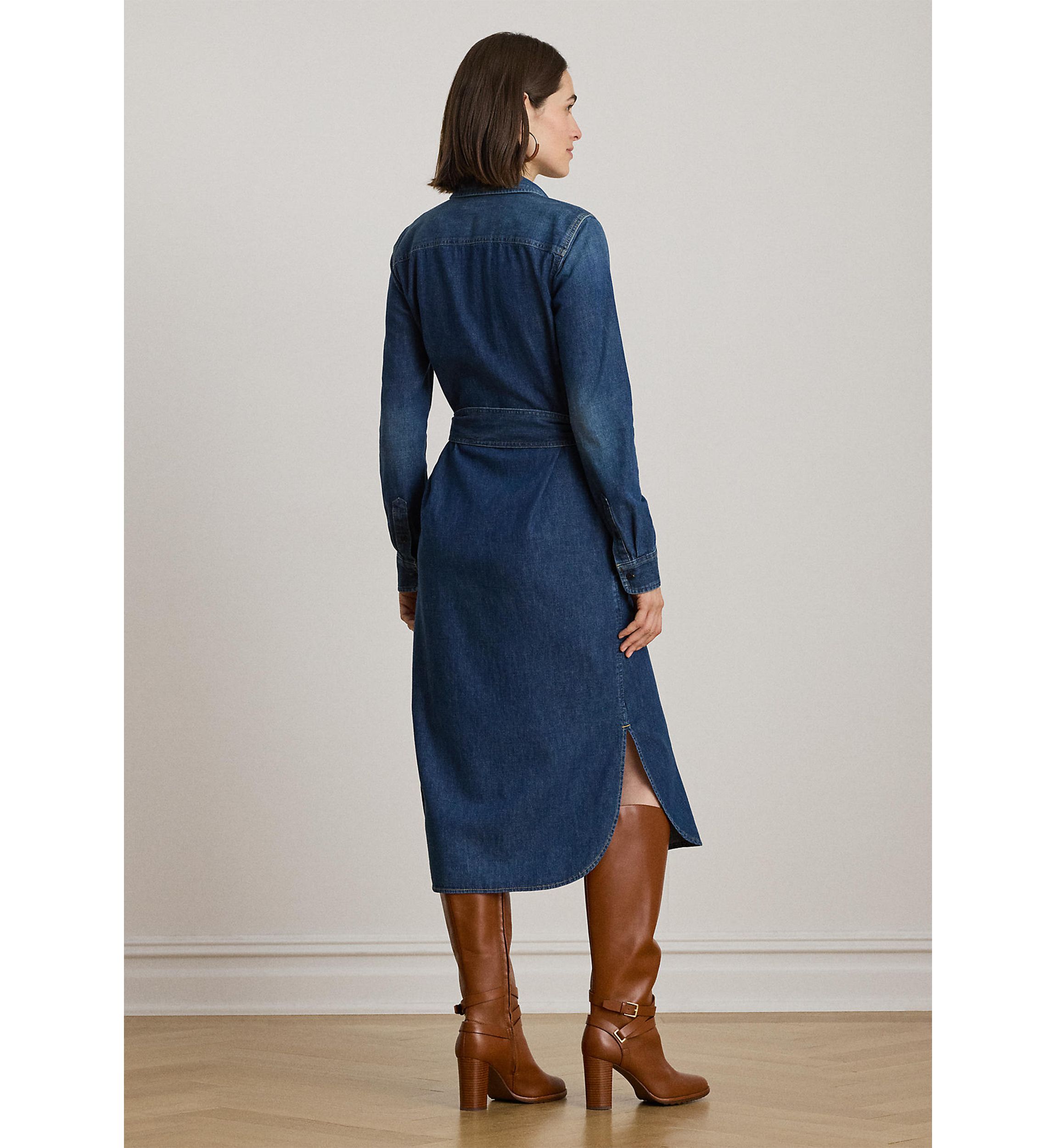Horse Bit-Trim Belted Denim Shirtdress