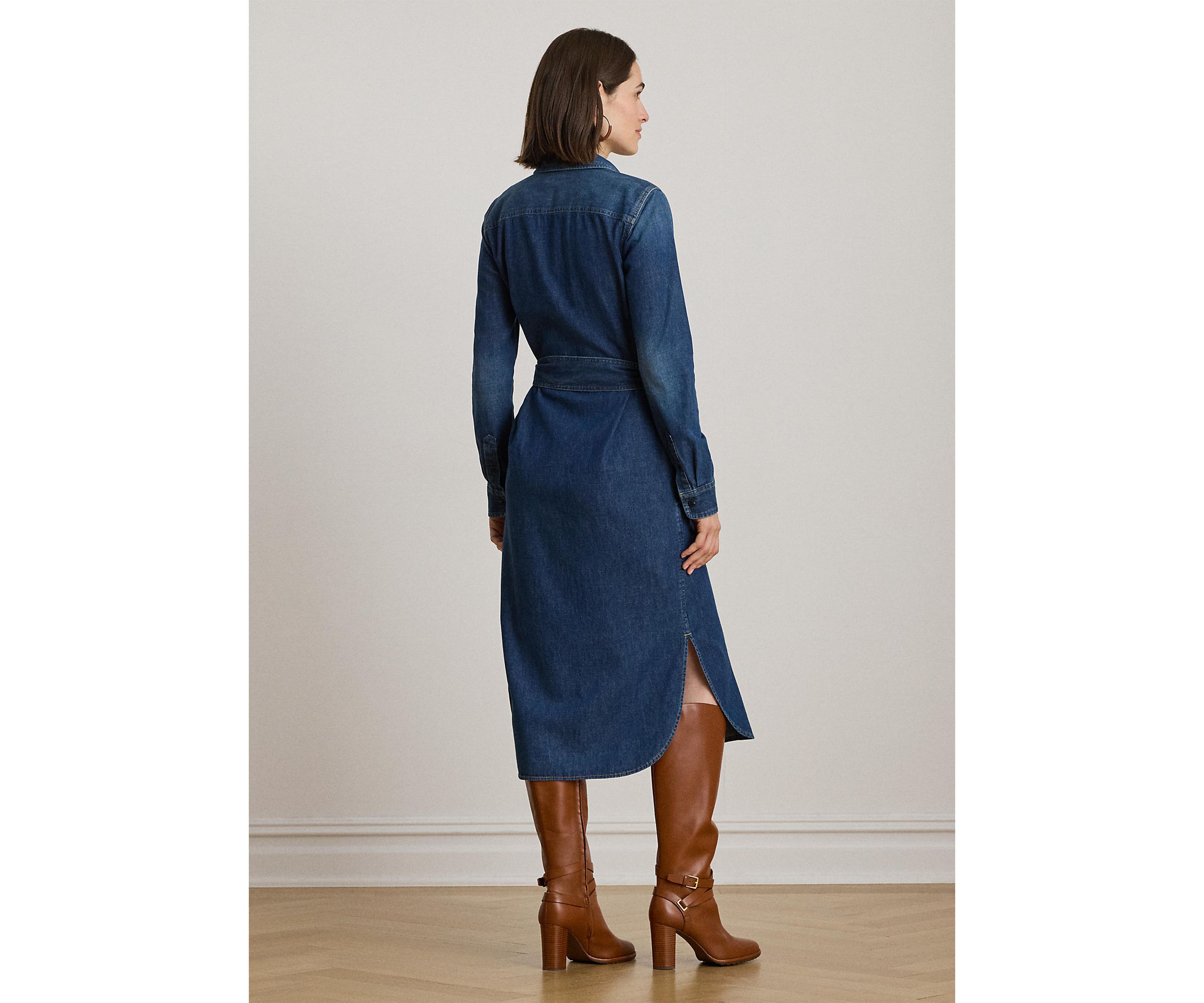 Horse Bit-Trim Belted Denim Shirtdress