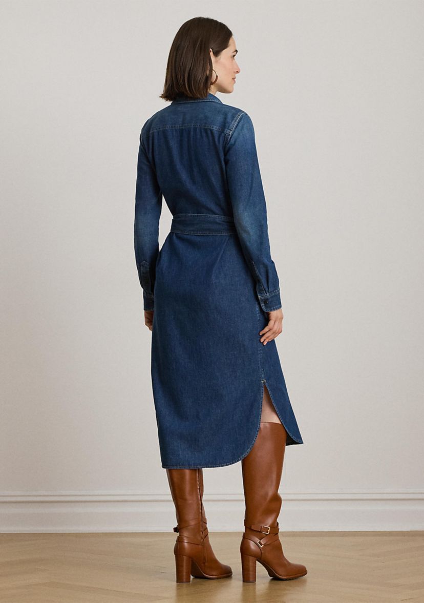 Horse Bit-Trim Belted Denim Shirtdress