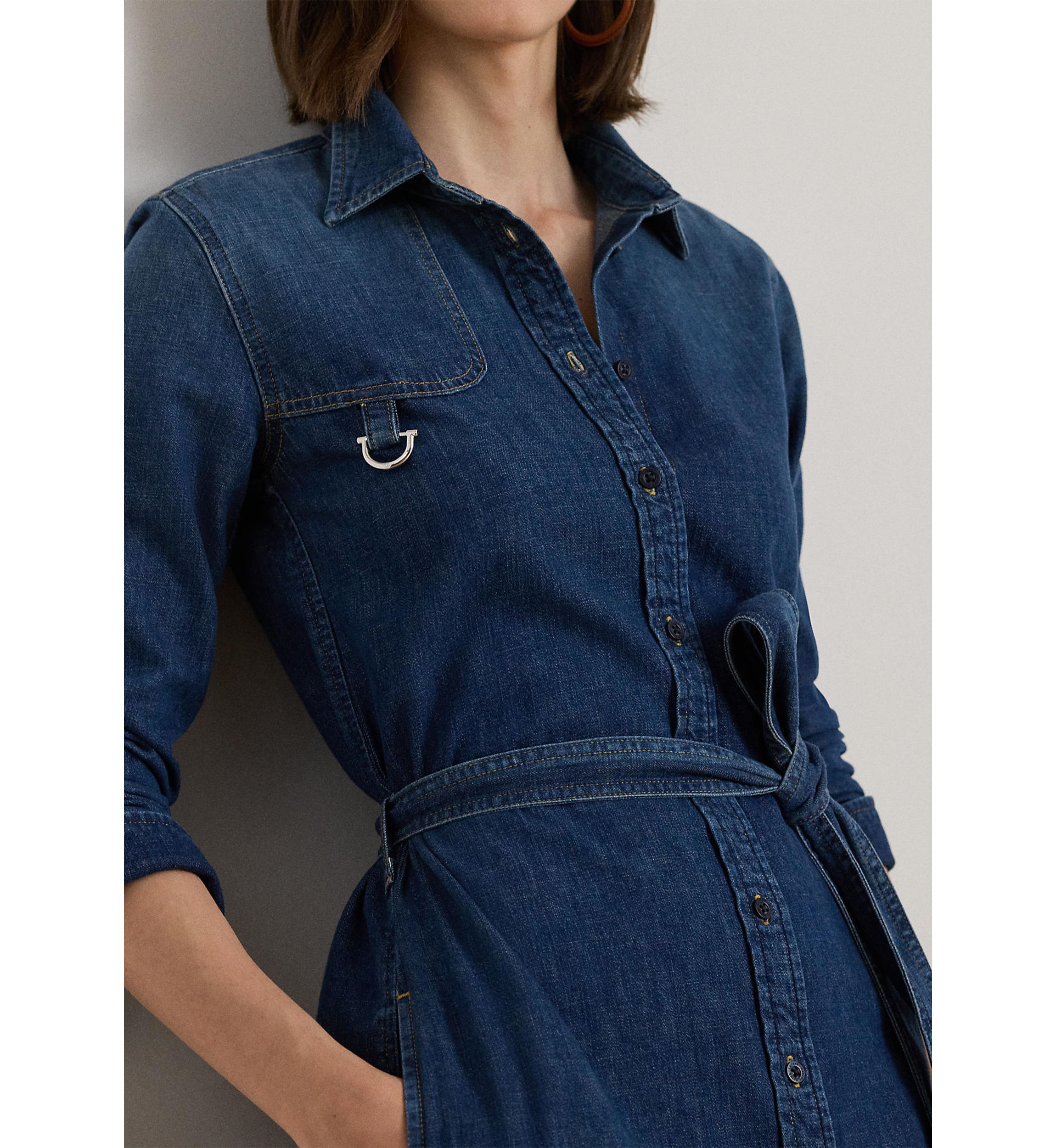 Horse Bit-Trim Belted Denim Shirtdress