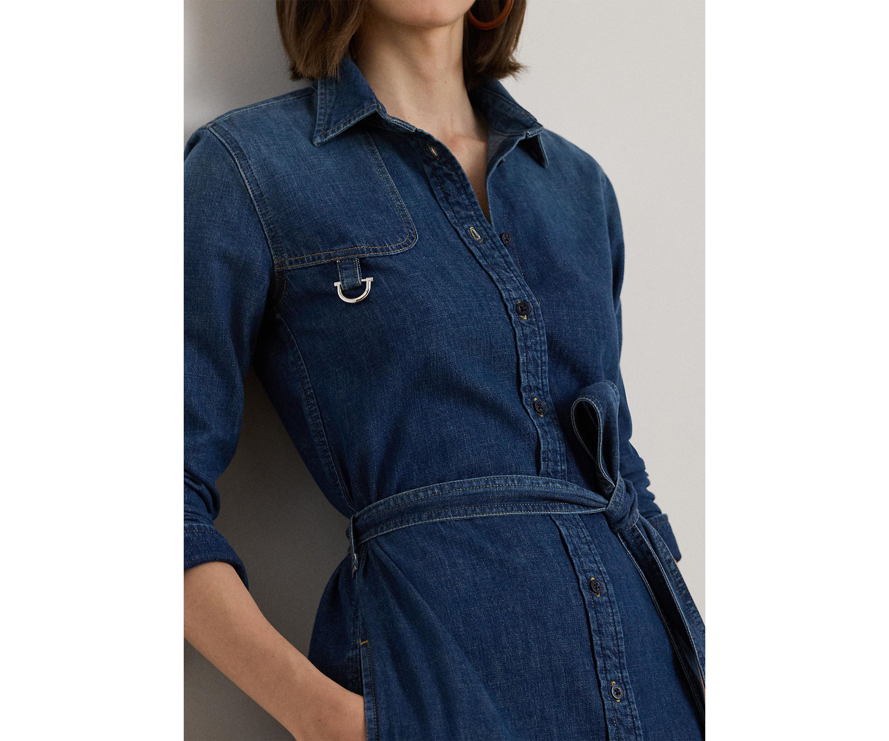 Horse Bit-Trim Belted Denim Shirtdress