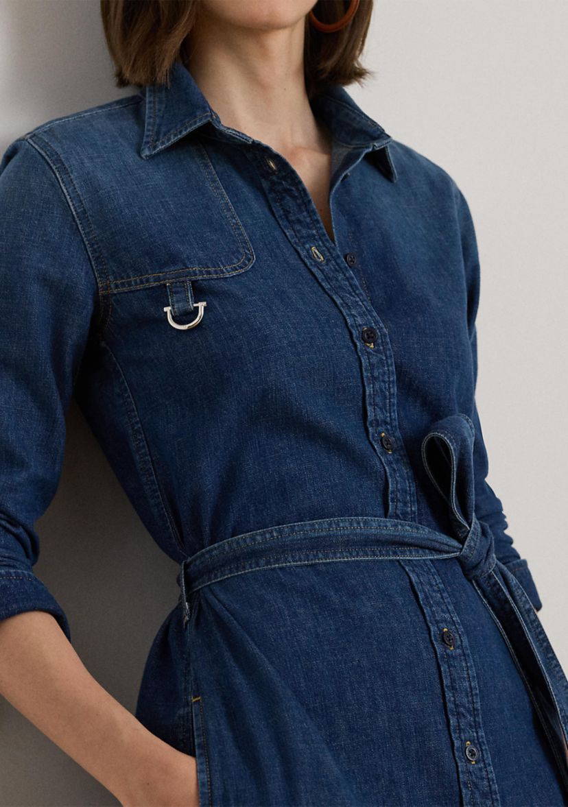 Horse Bit-Trim Belted Denim Shirtdress