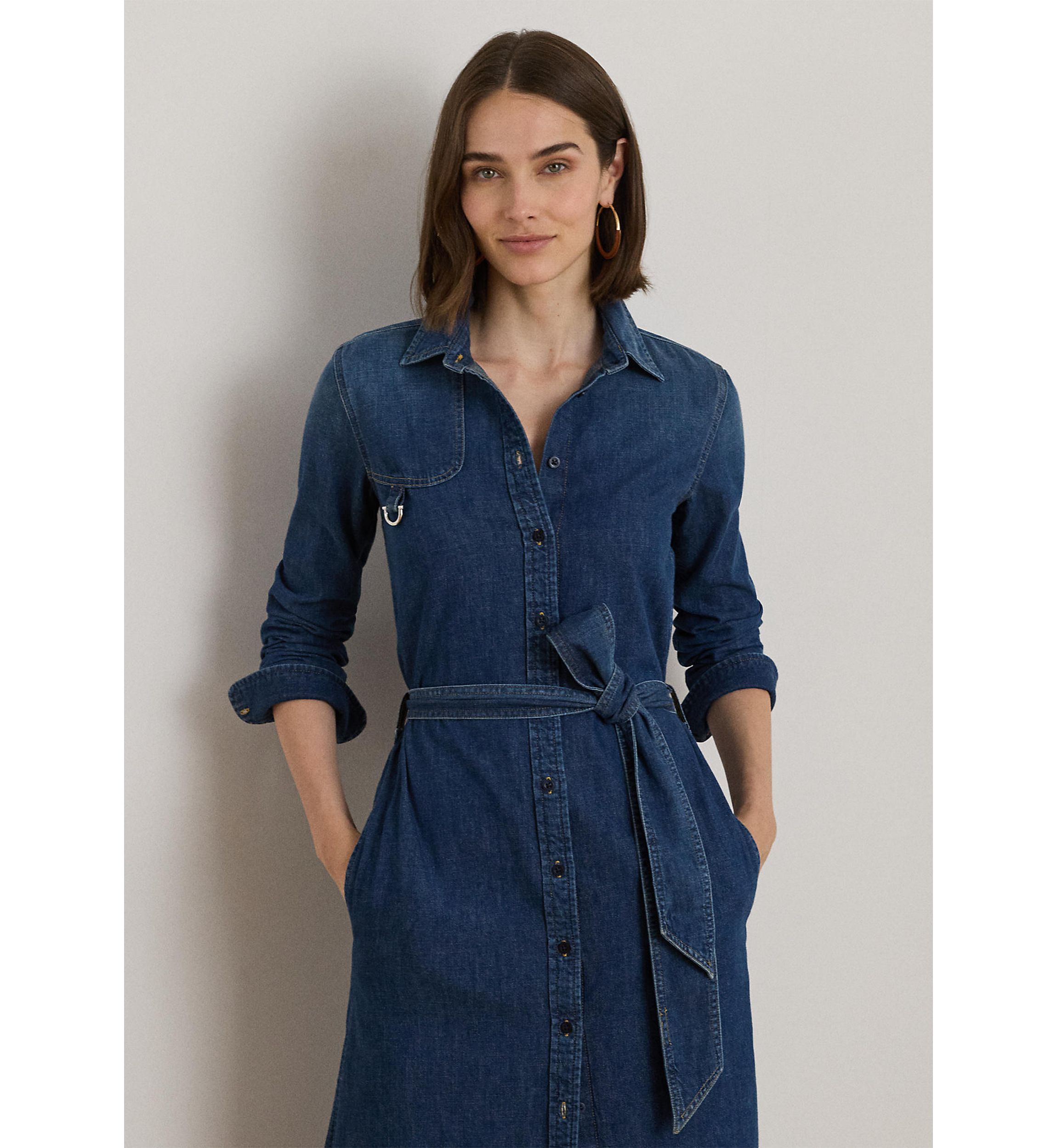 Horse Bit-Trim Belted Denim Shirtdress