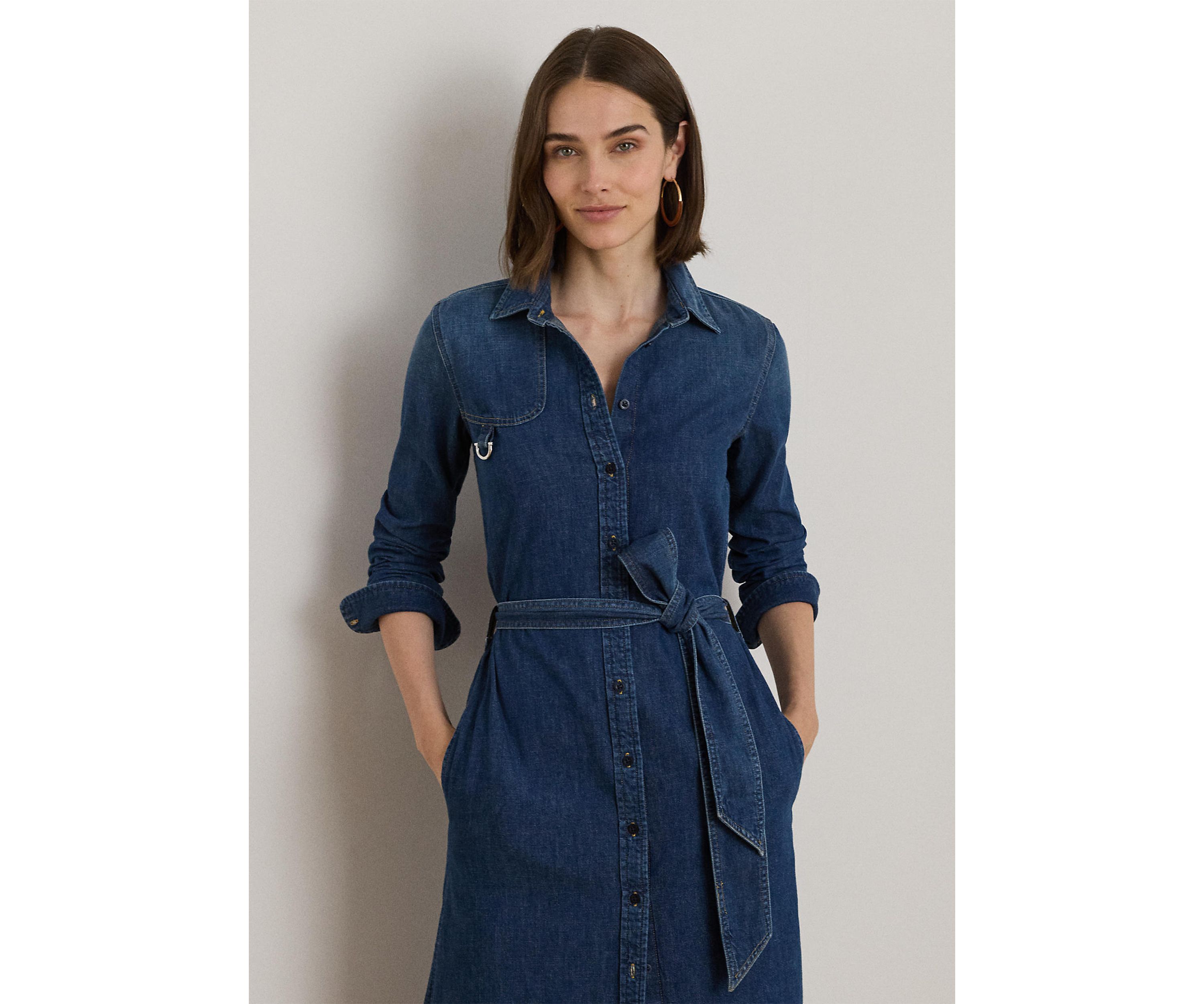 Horse Bit-Trim Belted Denim Shirtdress