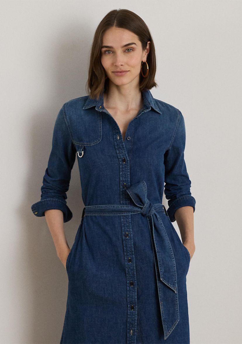 Horse Bit-Trim Belted Denim Shirtdress