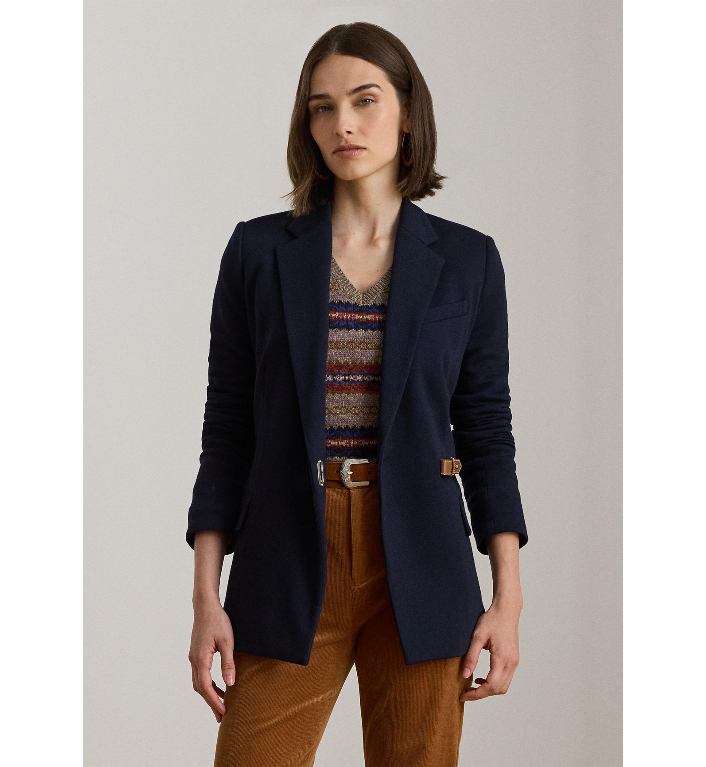 Womens Buckle-Trim Herringbone Jacquard Blazer