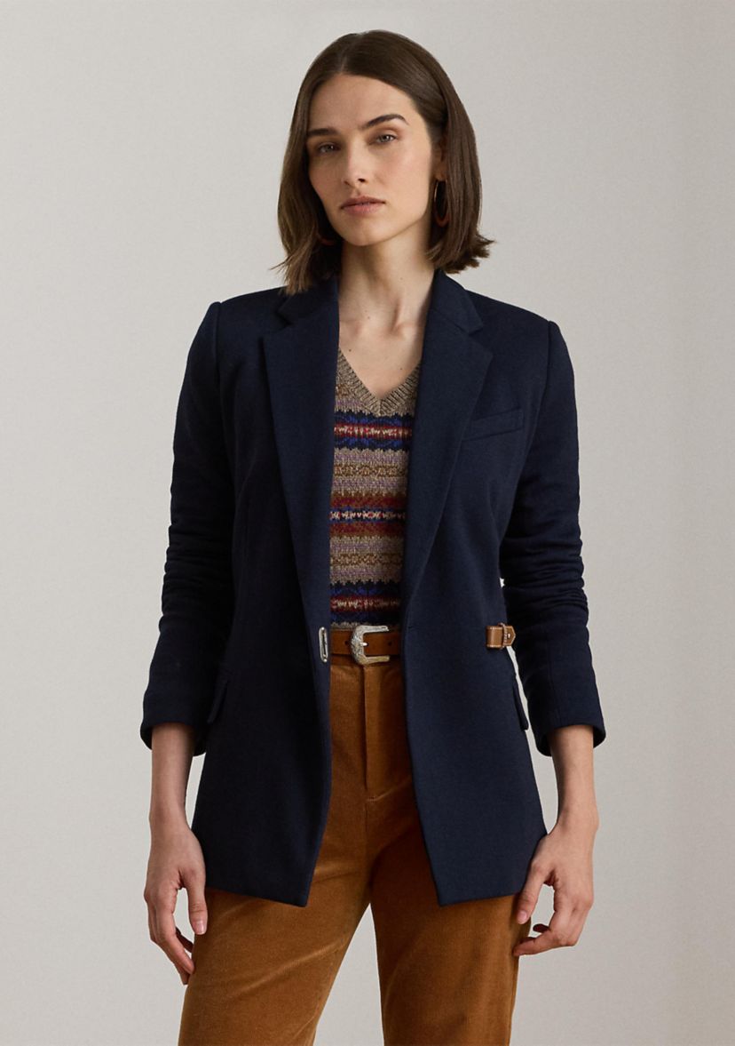 Womens Buckle-Trim Herringbone Jacquard Blazer