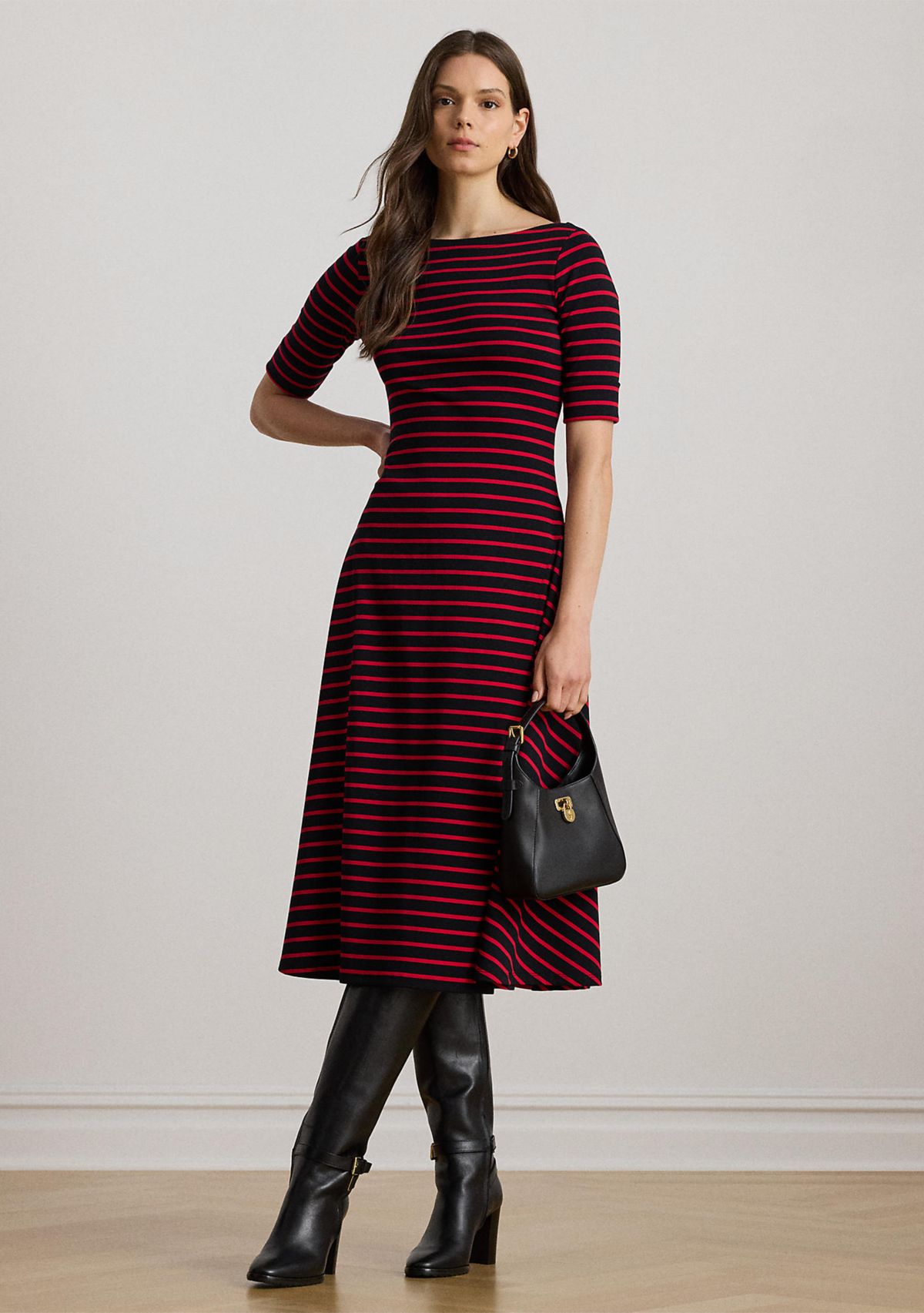 Womens Striped Stretch Cotton Midi Dress