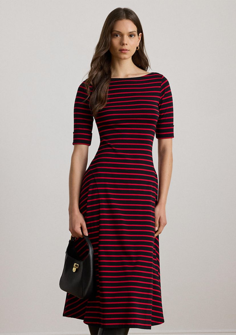 Womens Striped Stretch Cotton Midi Dress