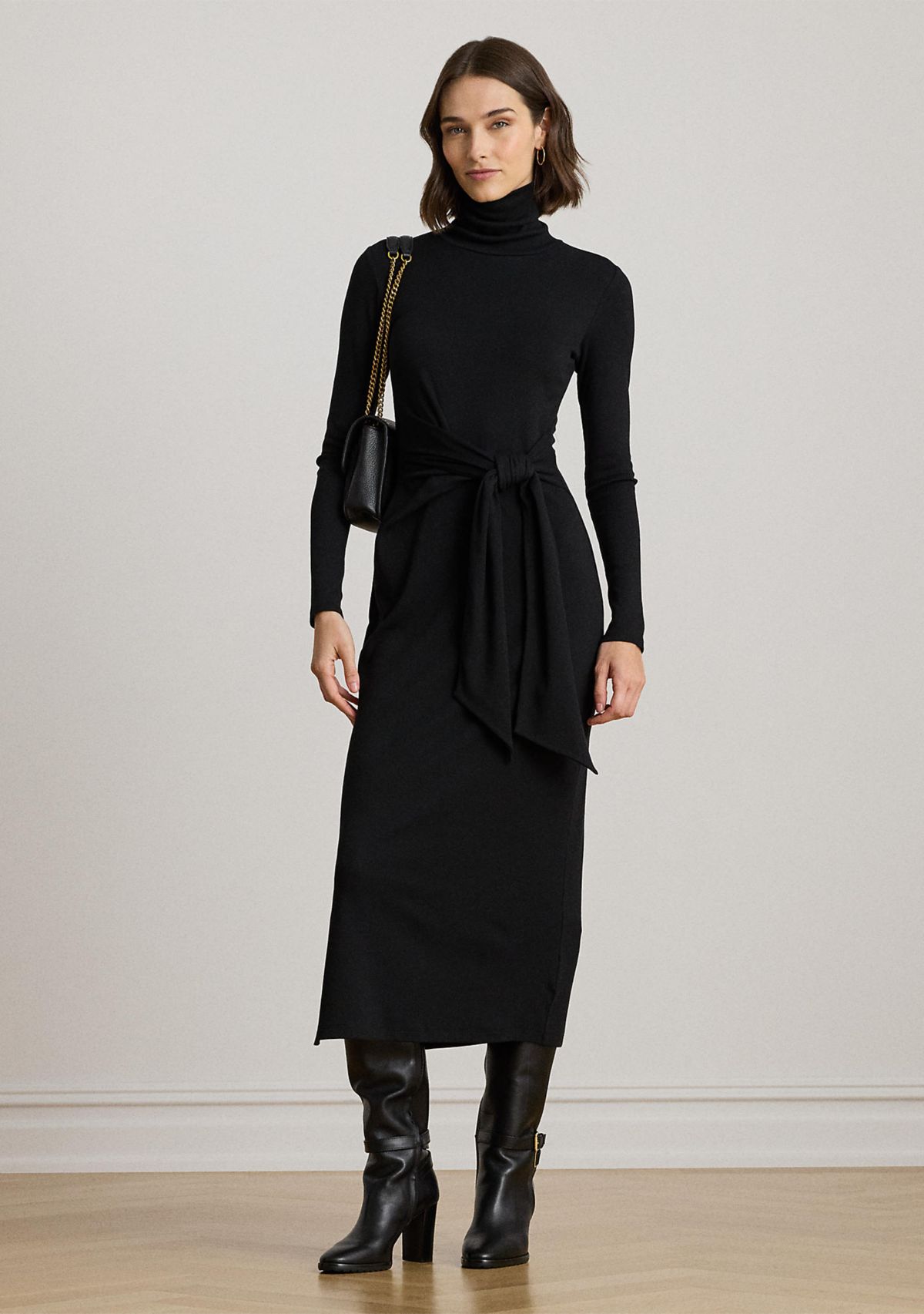 Womens Tie-Front Turtleneck Dress