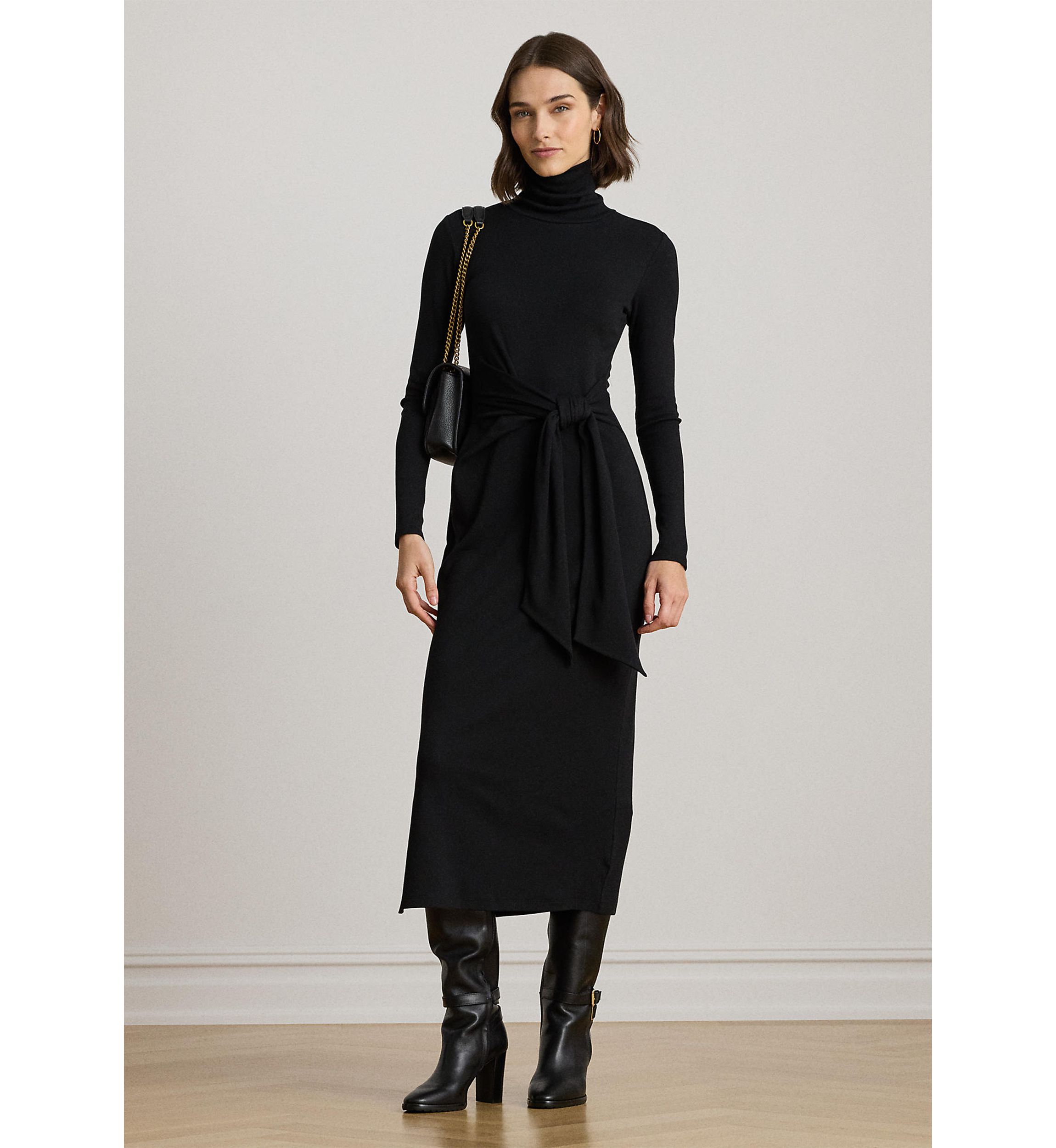 Womens Tie-Front Turtleneck Dress
