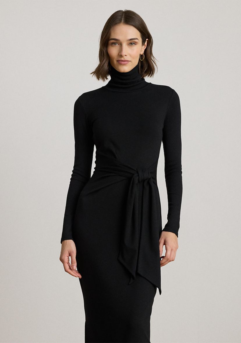 Womens Tie-Front Turtleneck Dress