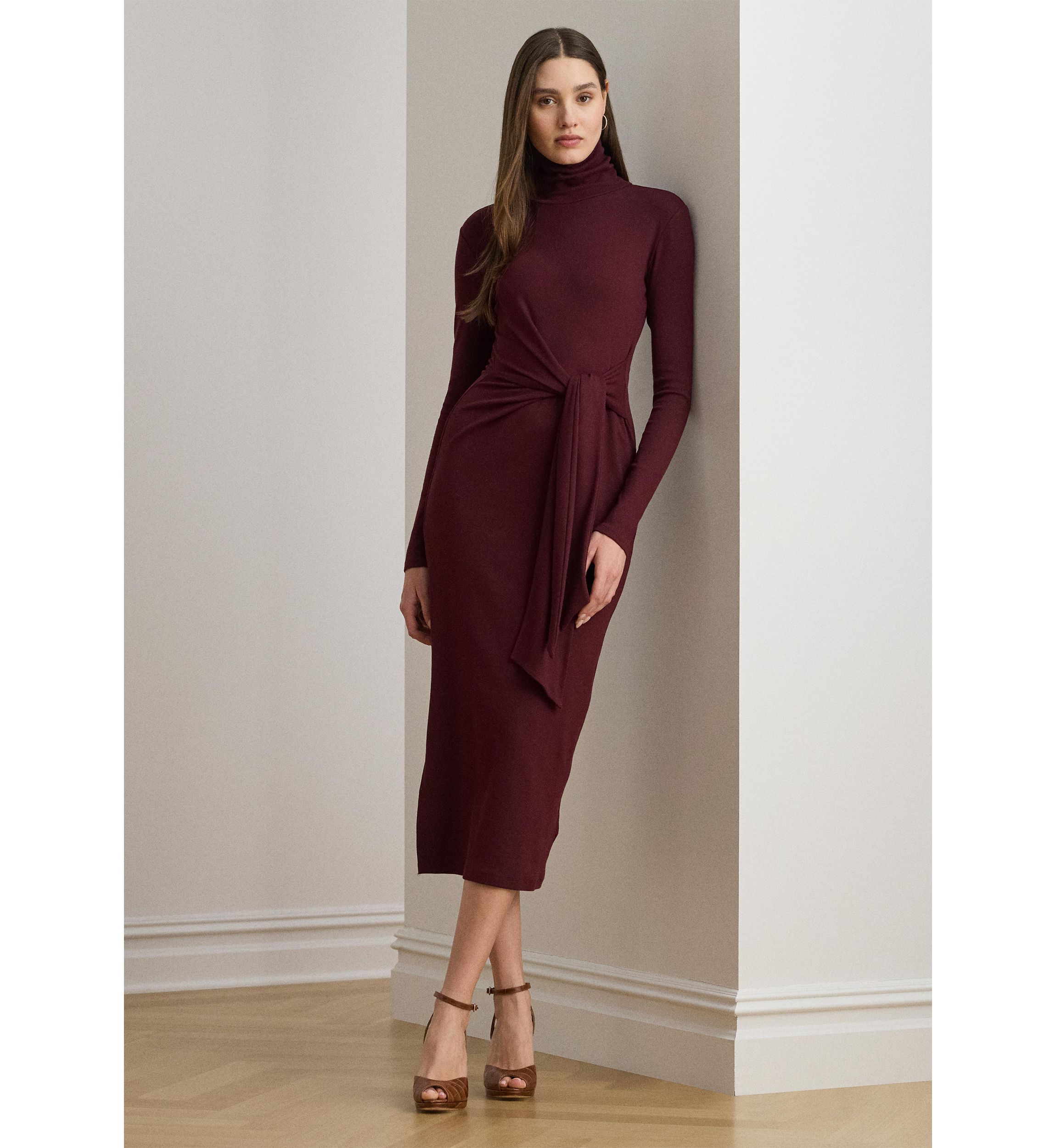 Womens Tie-Front Turtleneck Dress