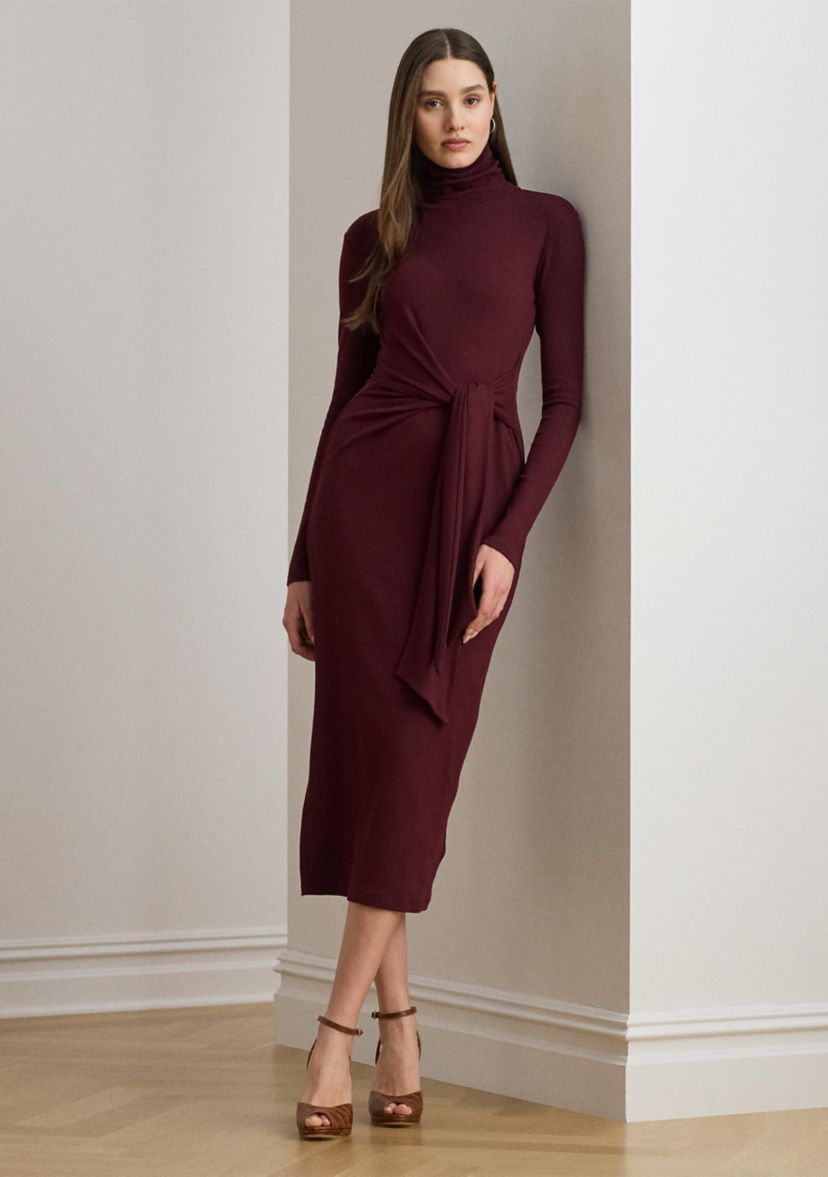 Womens Tie-Front Turtleneck Dress