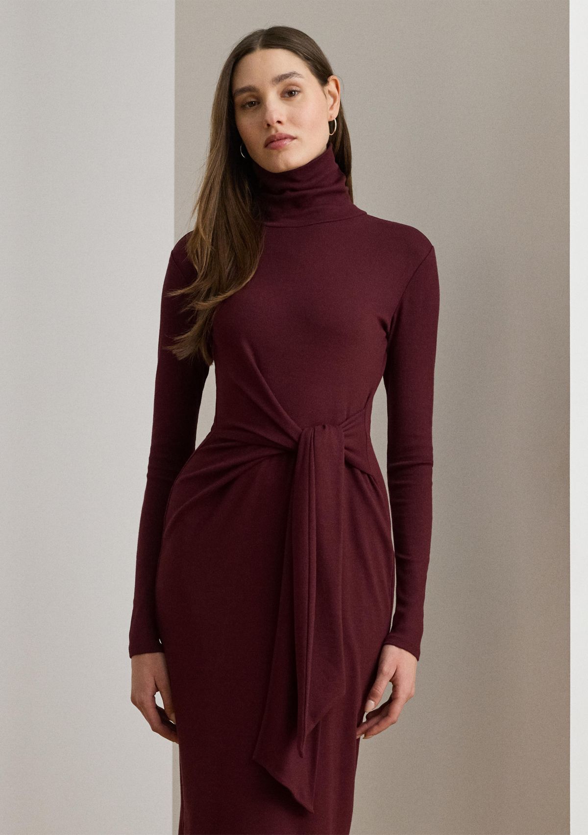 Womens Tie-Front Turtleneck Dress
