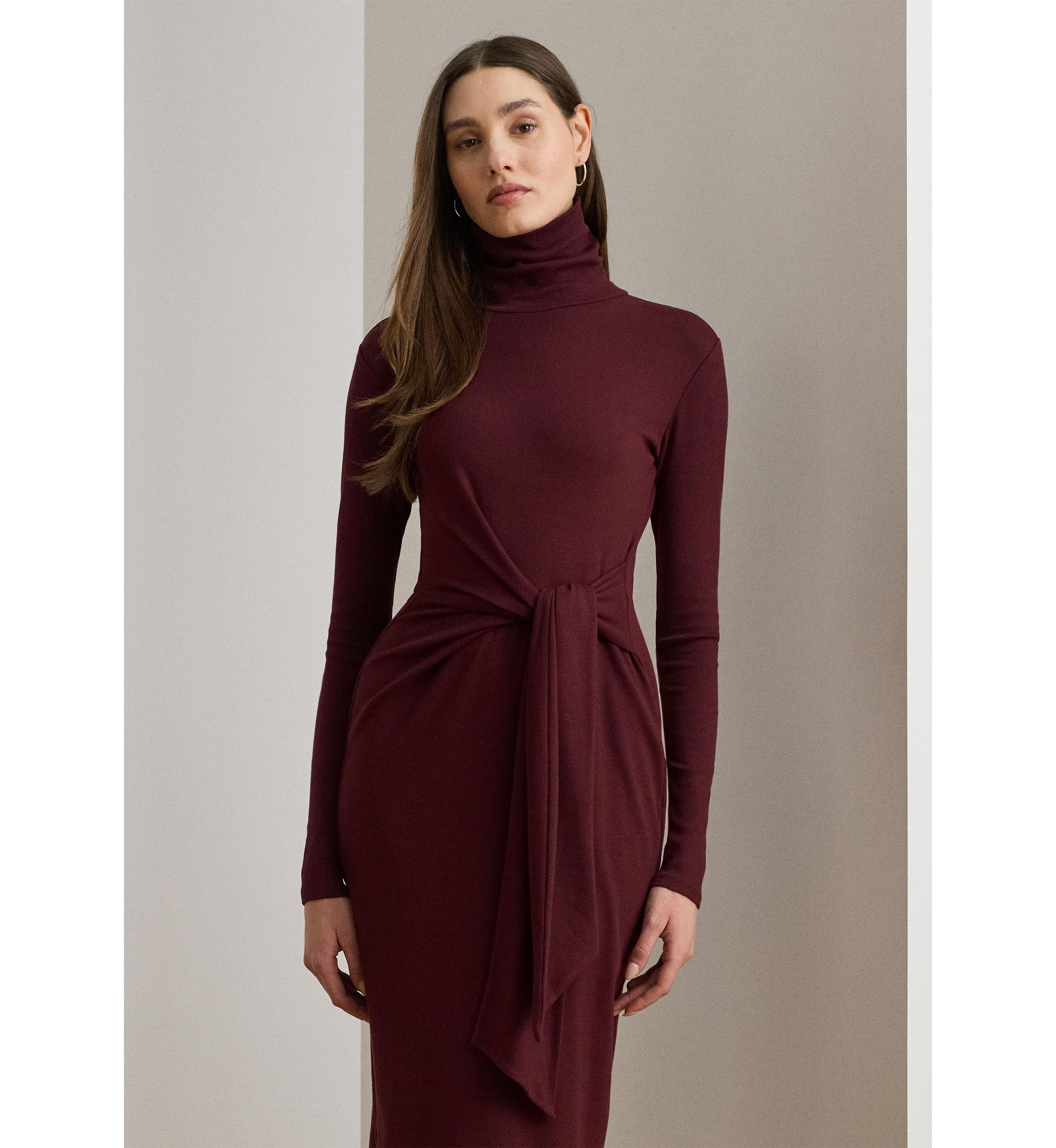 Womens Tie-Front Turtleneck Dress