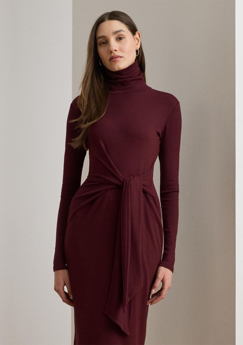 Womens Tie-Front Turtleneck Dress