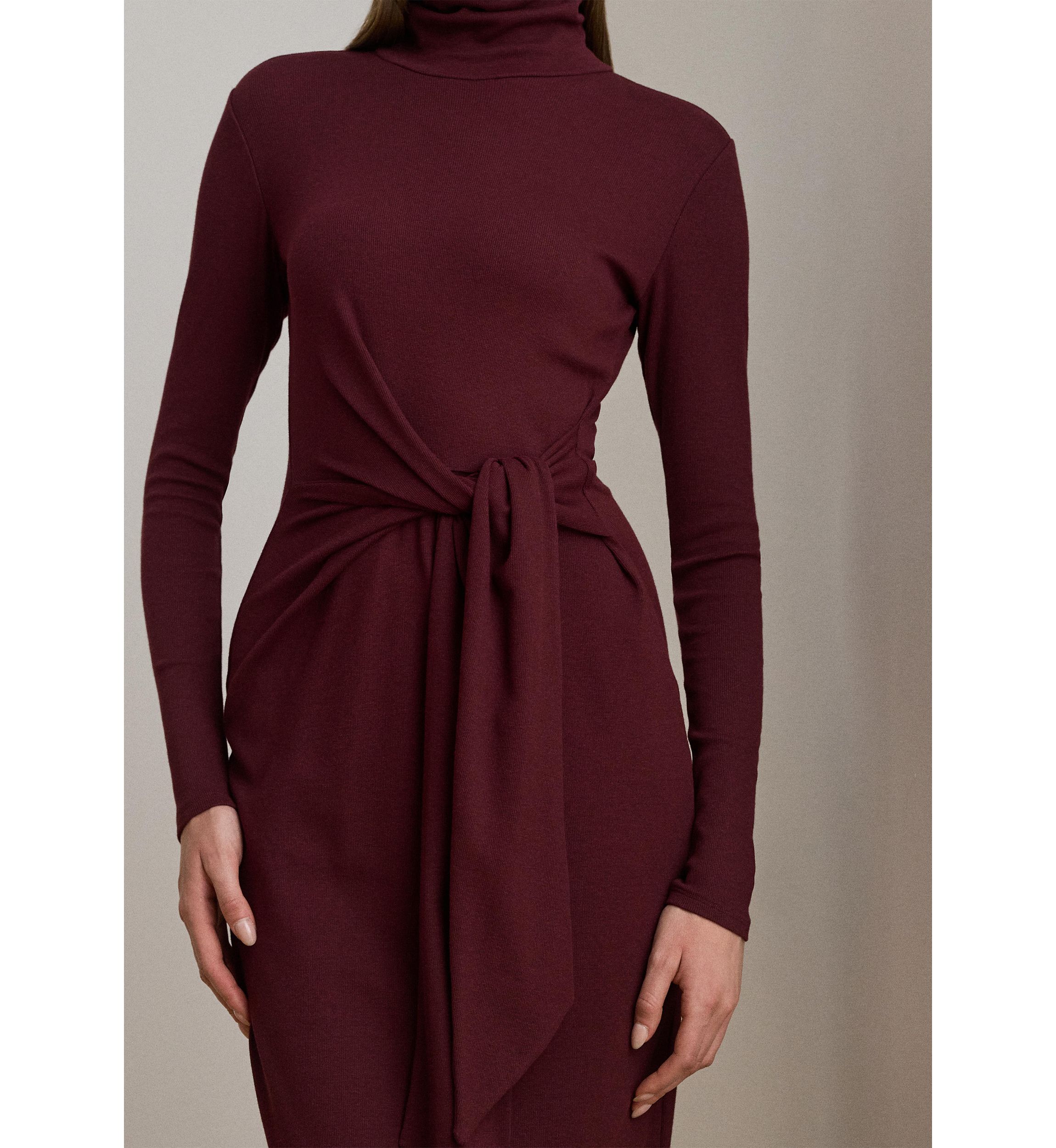 Womens Tie-Front Turtleneck Dress