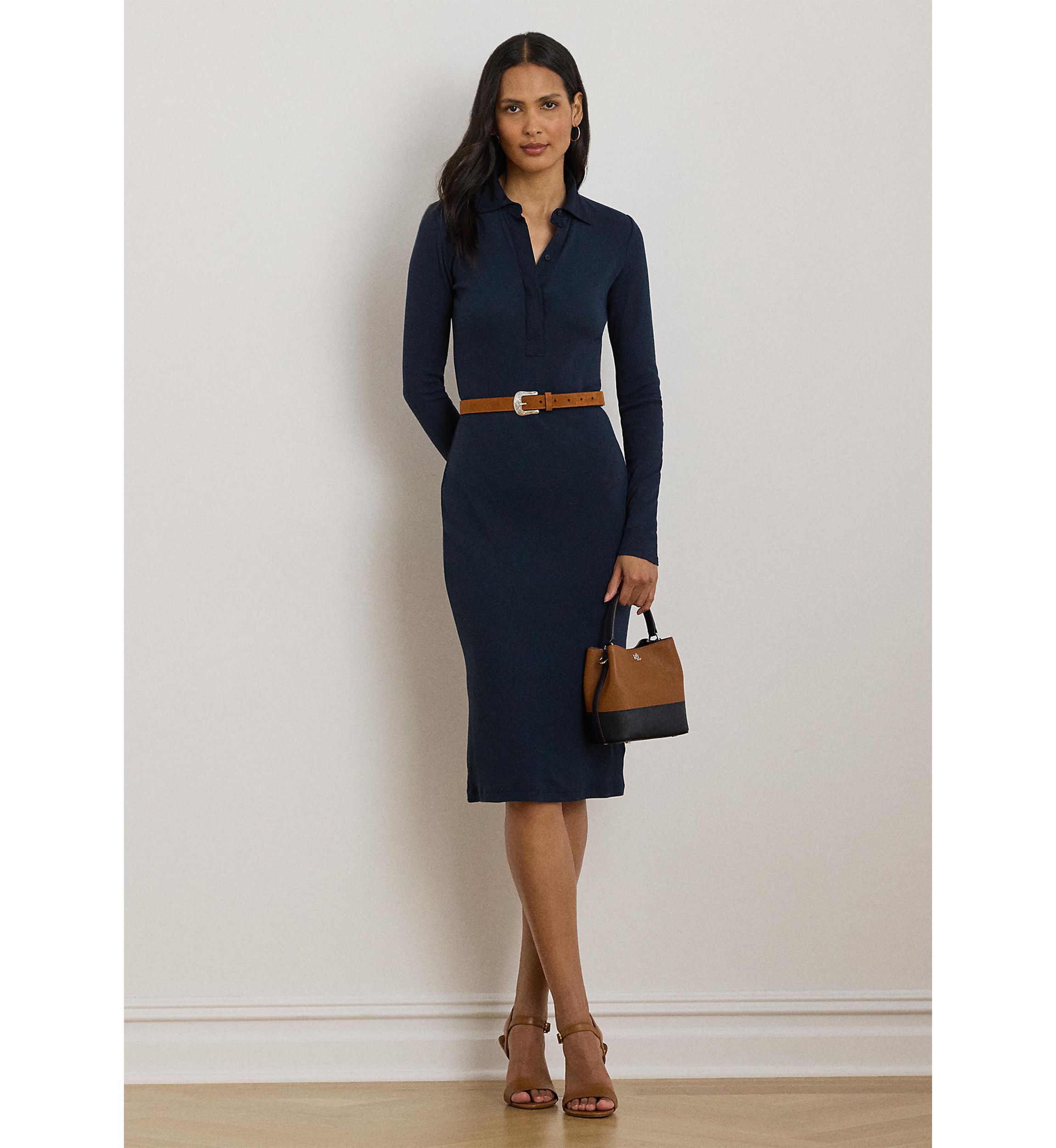 Womens Rib-Knit Cotton-Blend Polo Dress