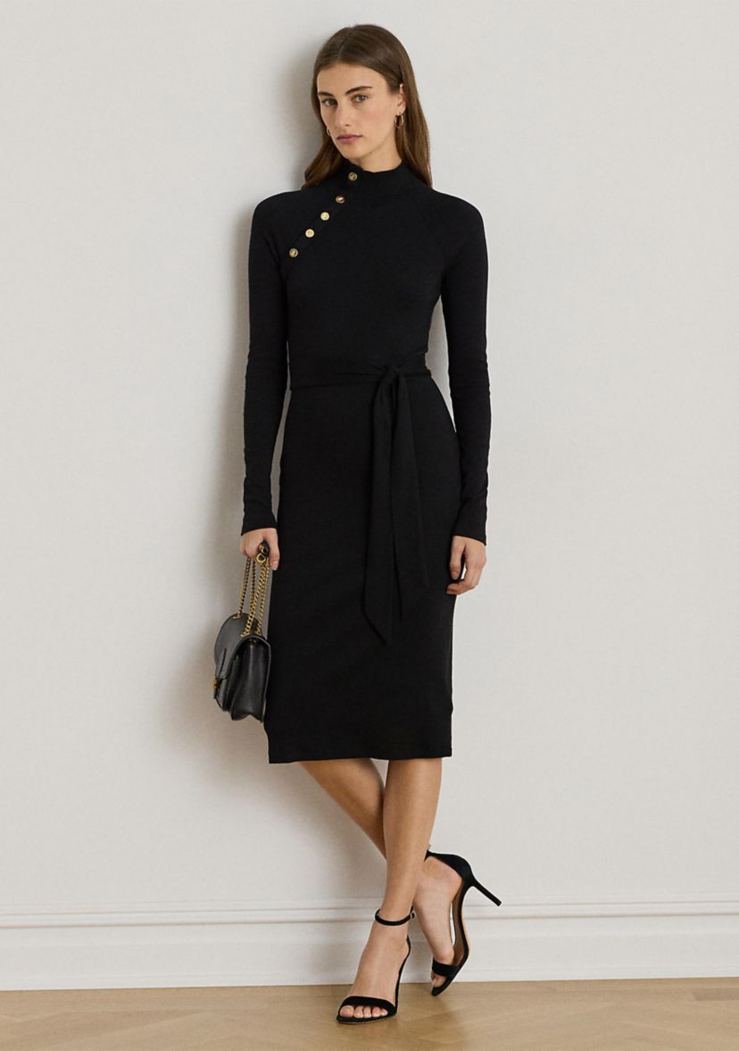 Button-Trim Rib-Knit Mock neck Dress