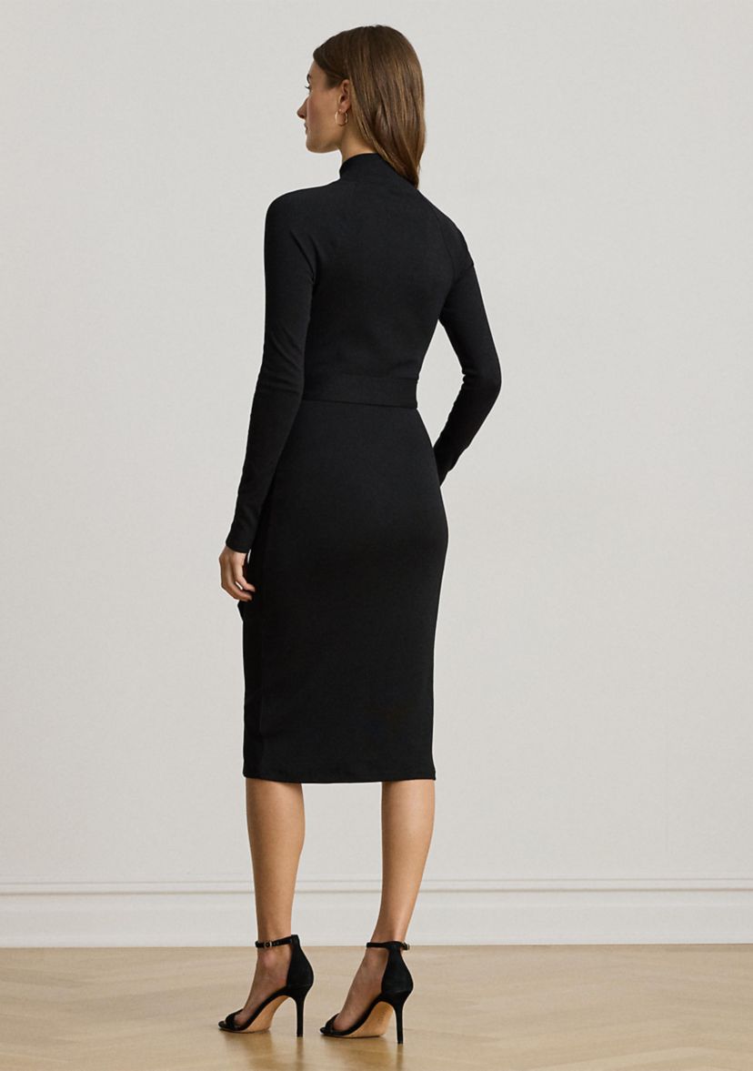 Button-Trim Rib-Knit Mock neck Dress