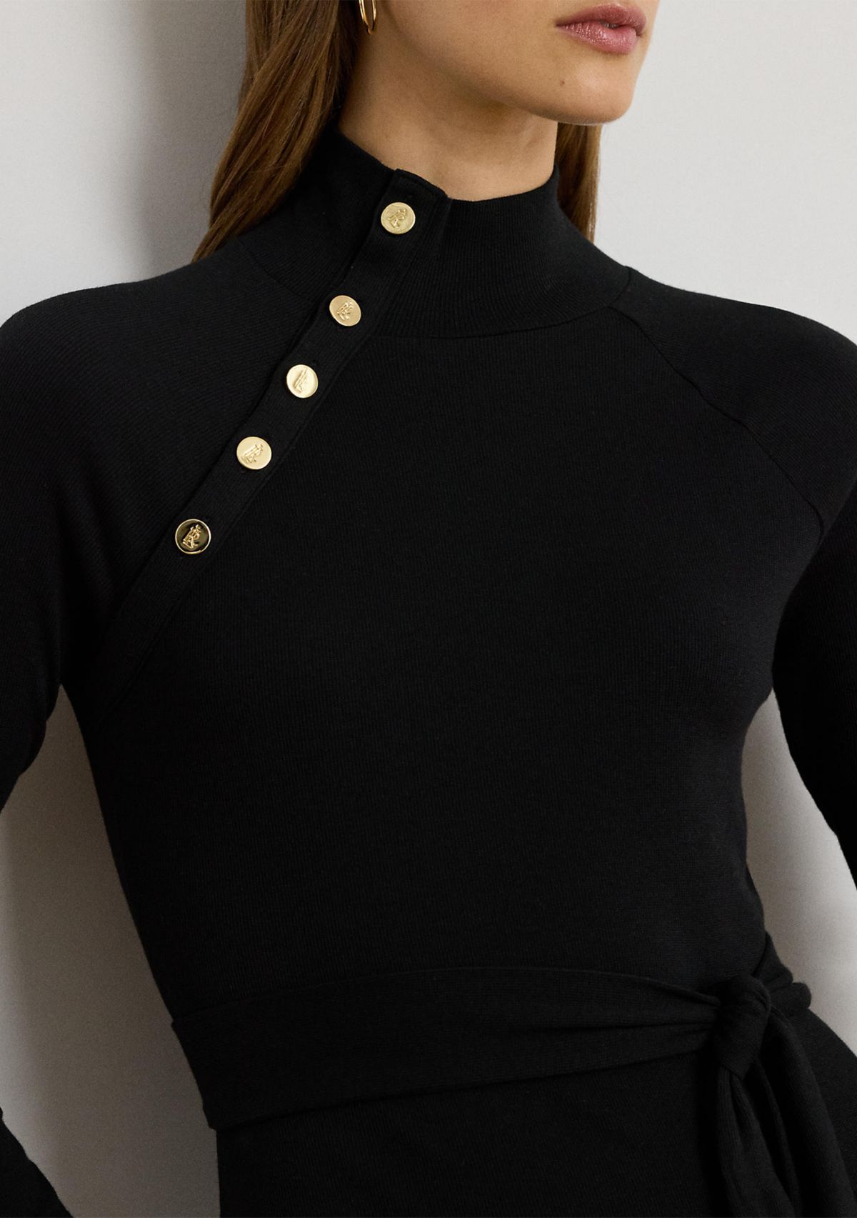 Button-Trim Rib-Knit Mock neck Dress