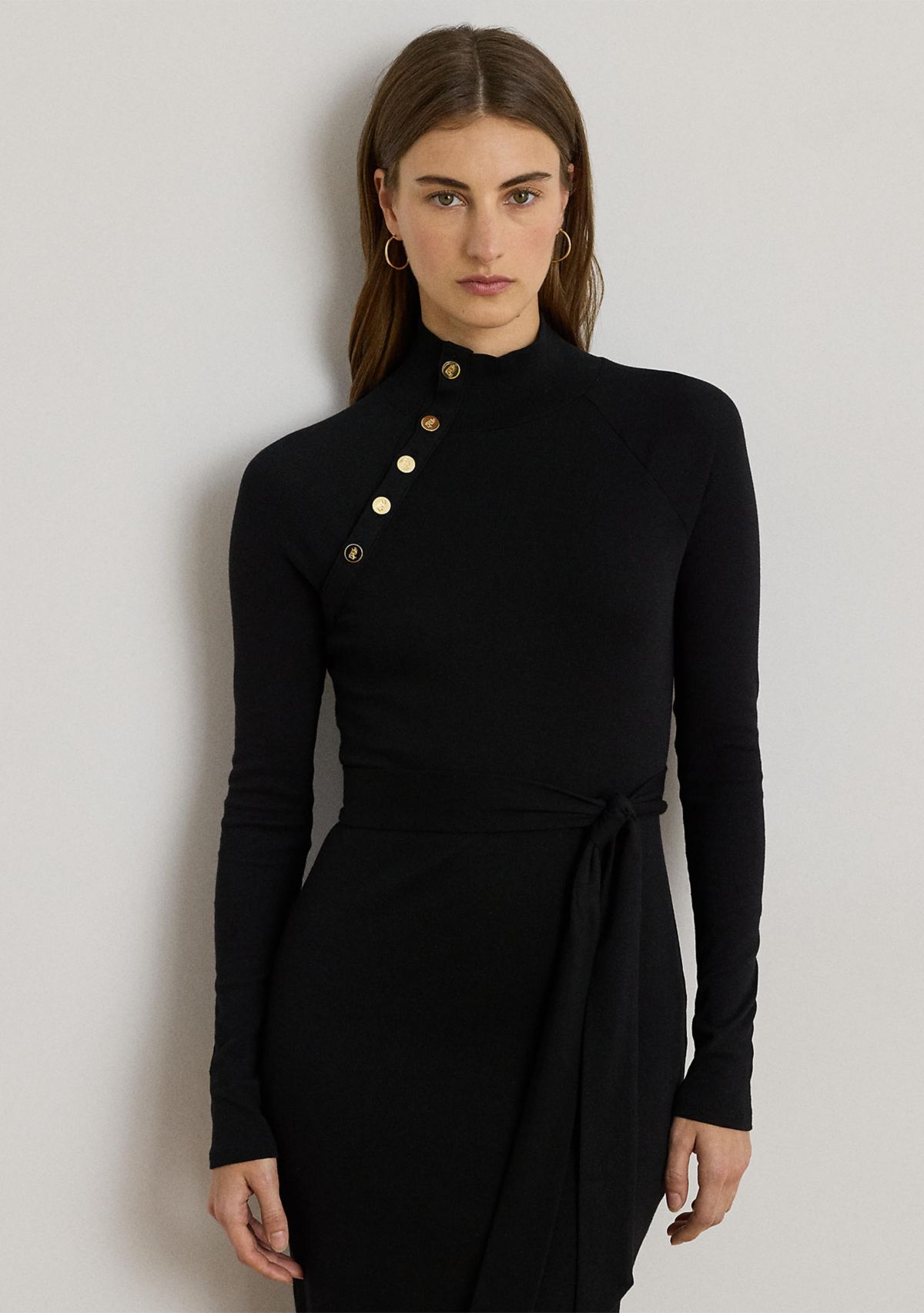 Button-Trim Rib-Knit Mock neck Dress