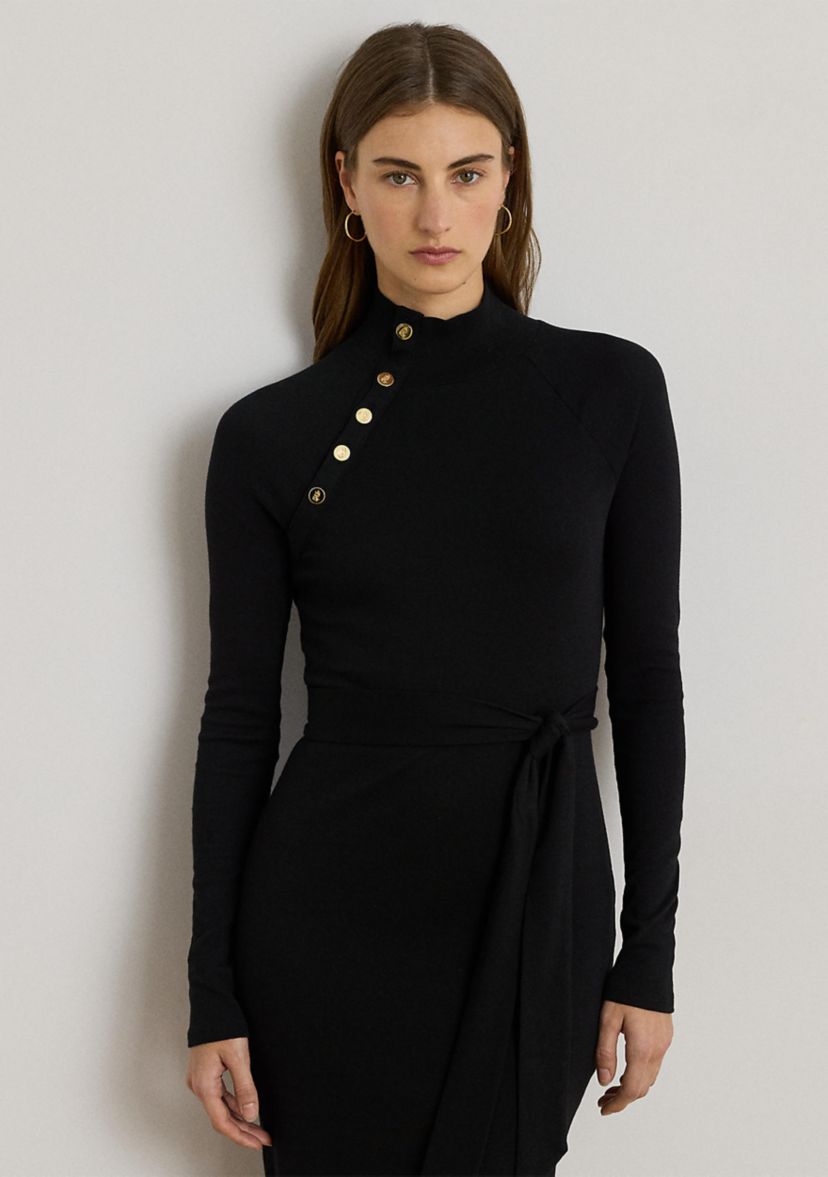 Button-Trim Rib-Knit Mock neck Dress