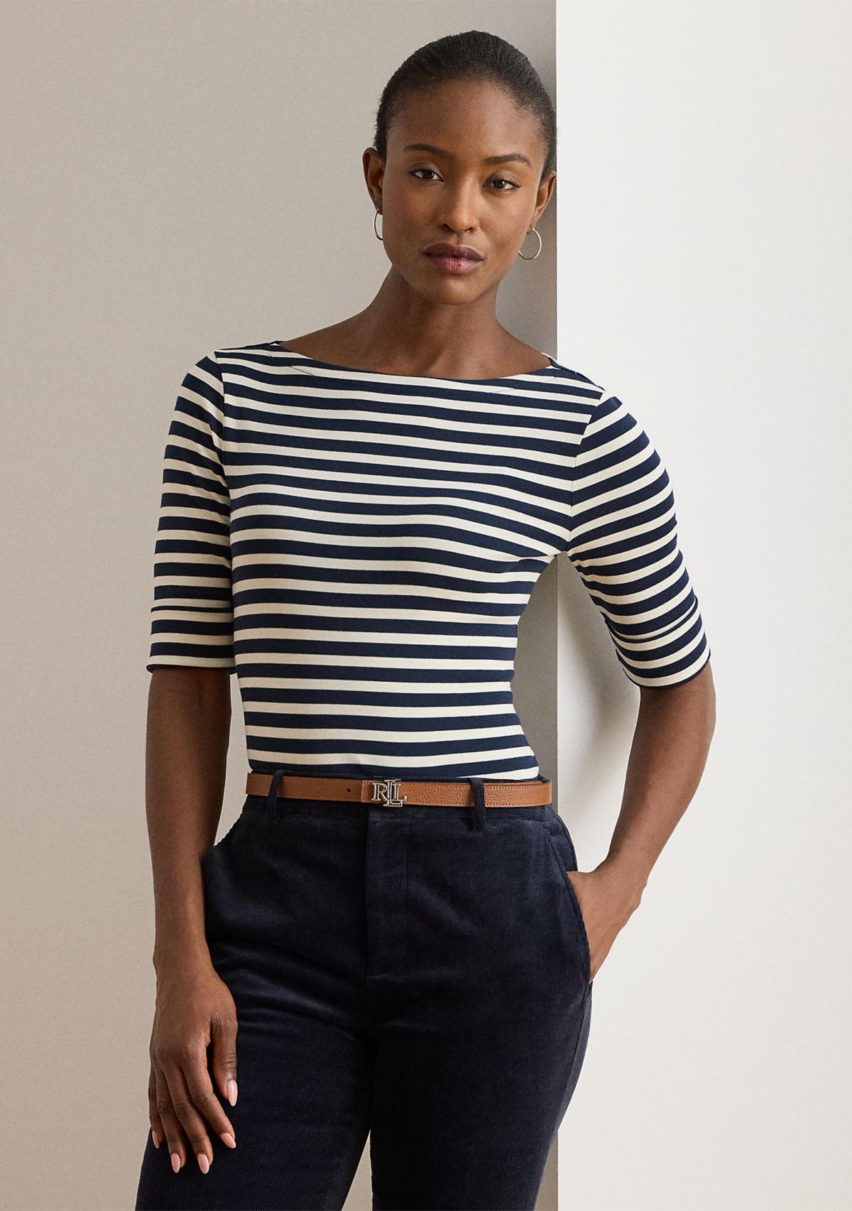 Striped Stretch Cotton Boatneck Tee