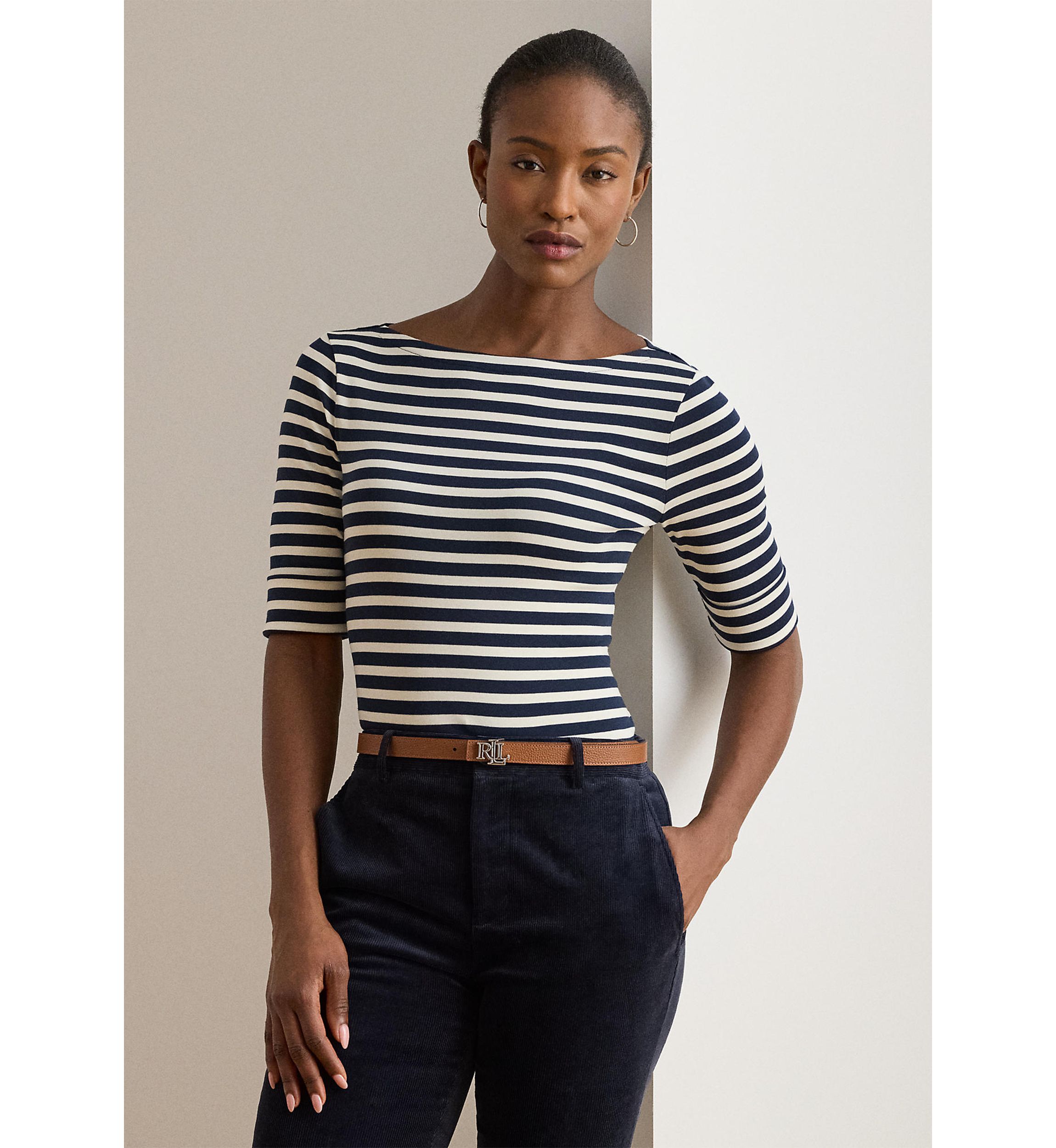 Striped Stretch Cotton Boatneck Tee