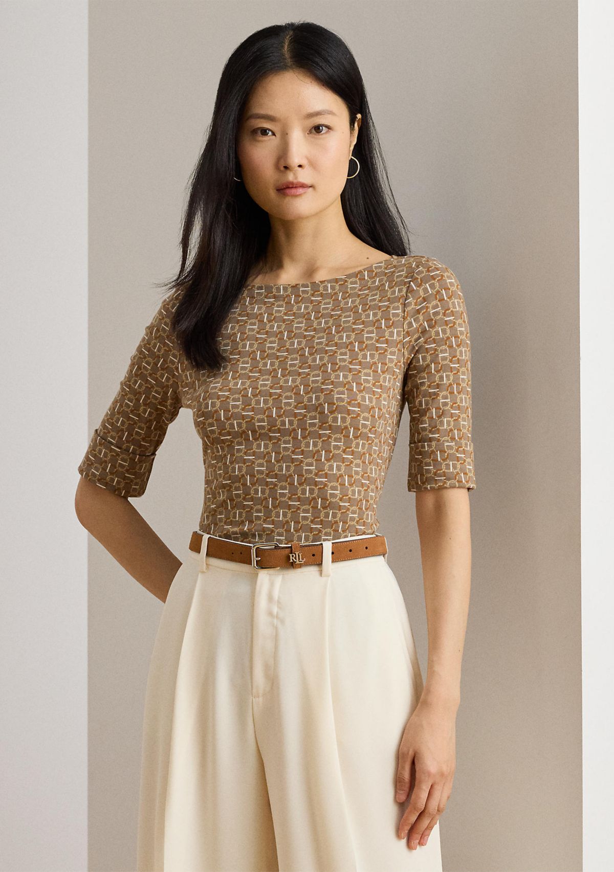 Geo-Print Stretch Cotton Boatneck Tee