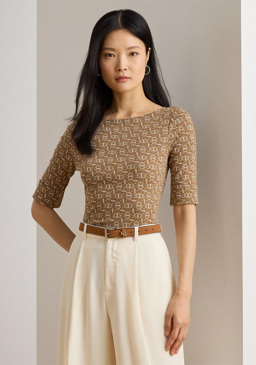 Geo-Print Stretch Cotton Boatneck Tee