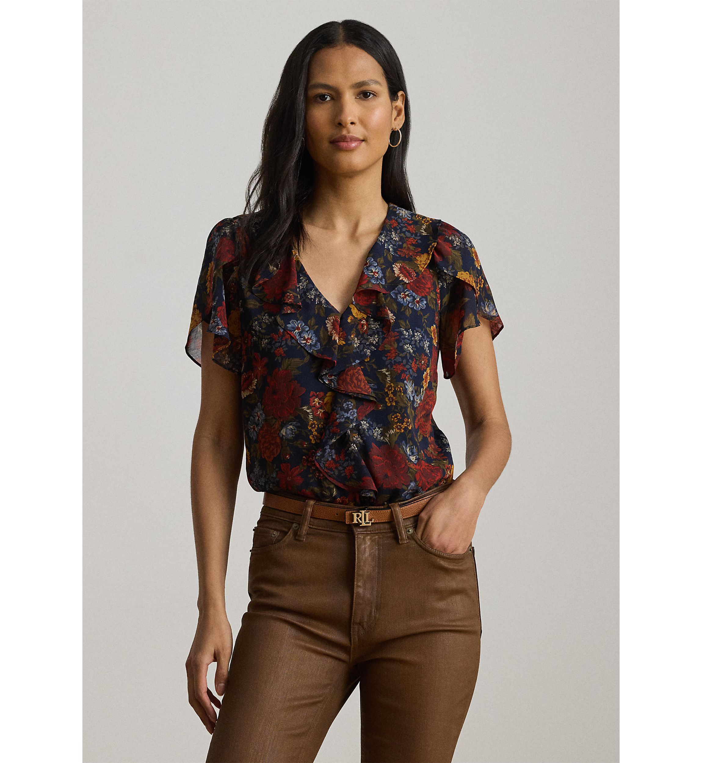 Floral Ruffle-Trim Georgette Blouse