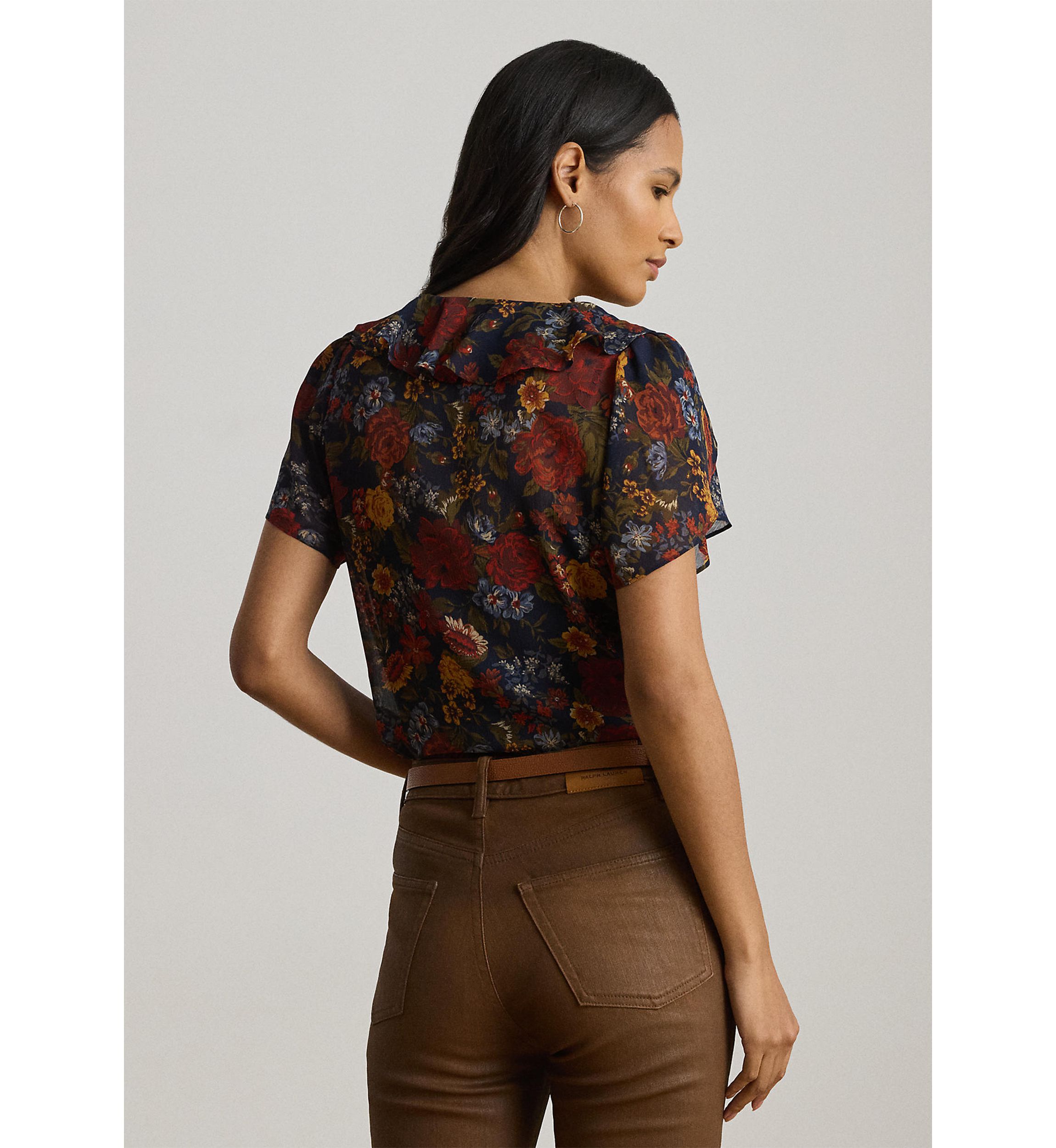 Floral Ruffle-Trim Georgette Blouse