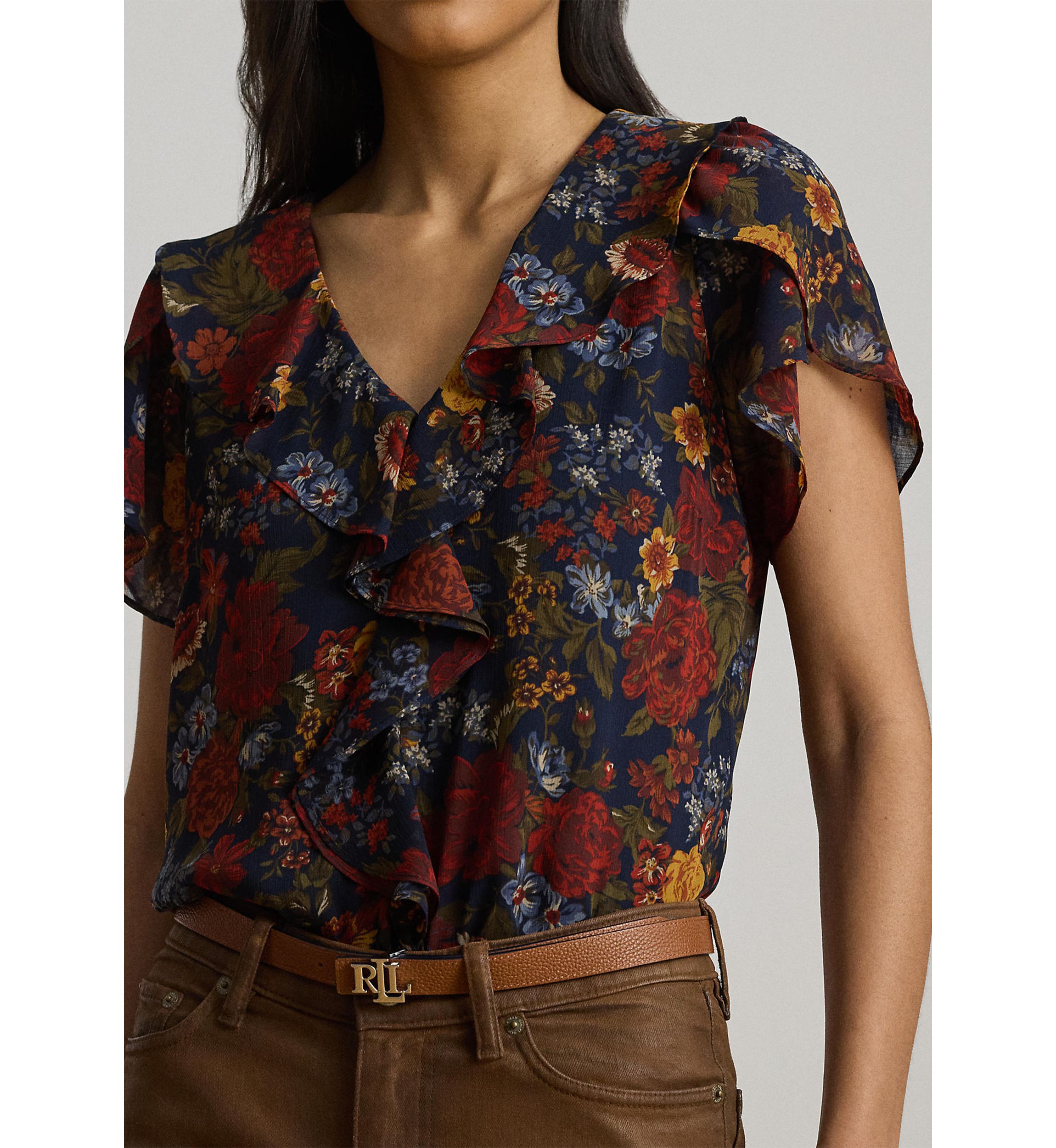 Floral Ruffle-Trim Georgette Blouse