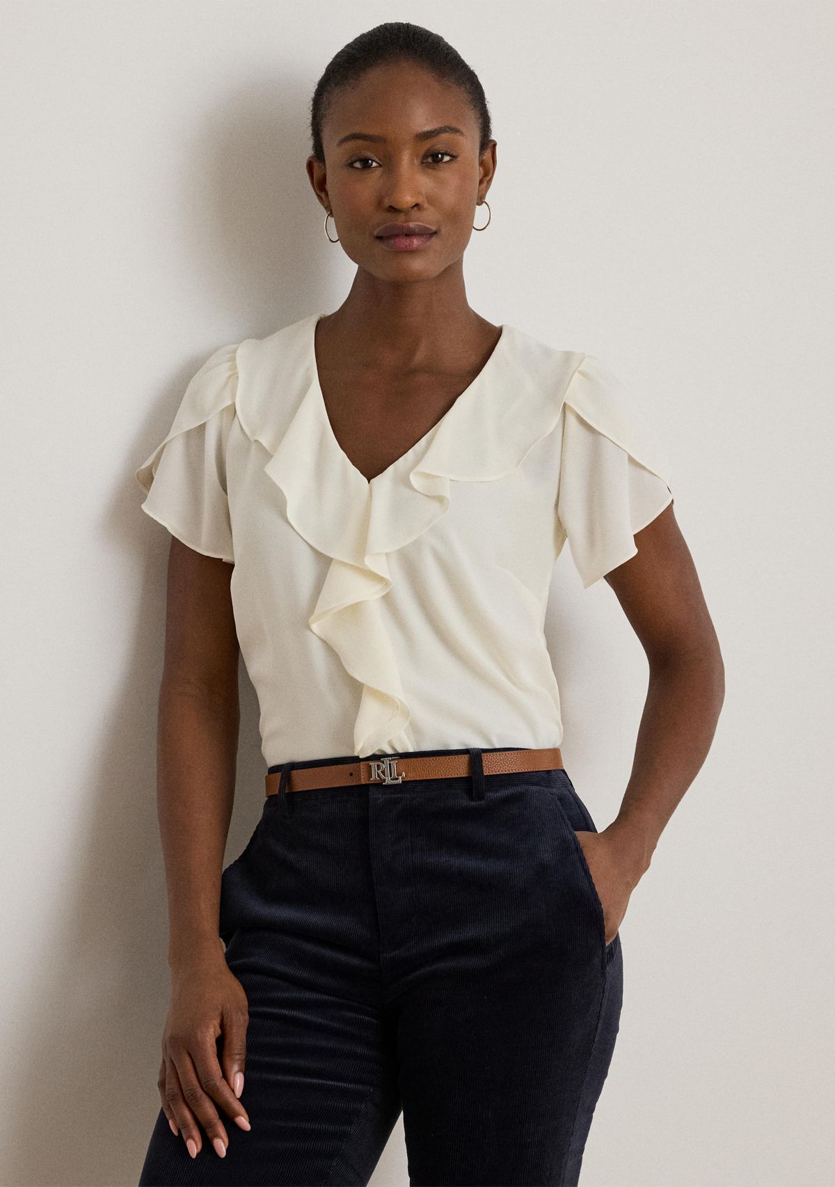 Womens Ruffle-Trim Georgette Blouse